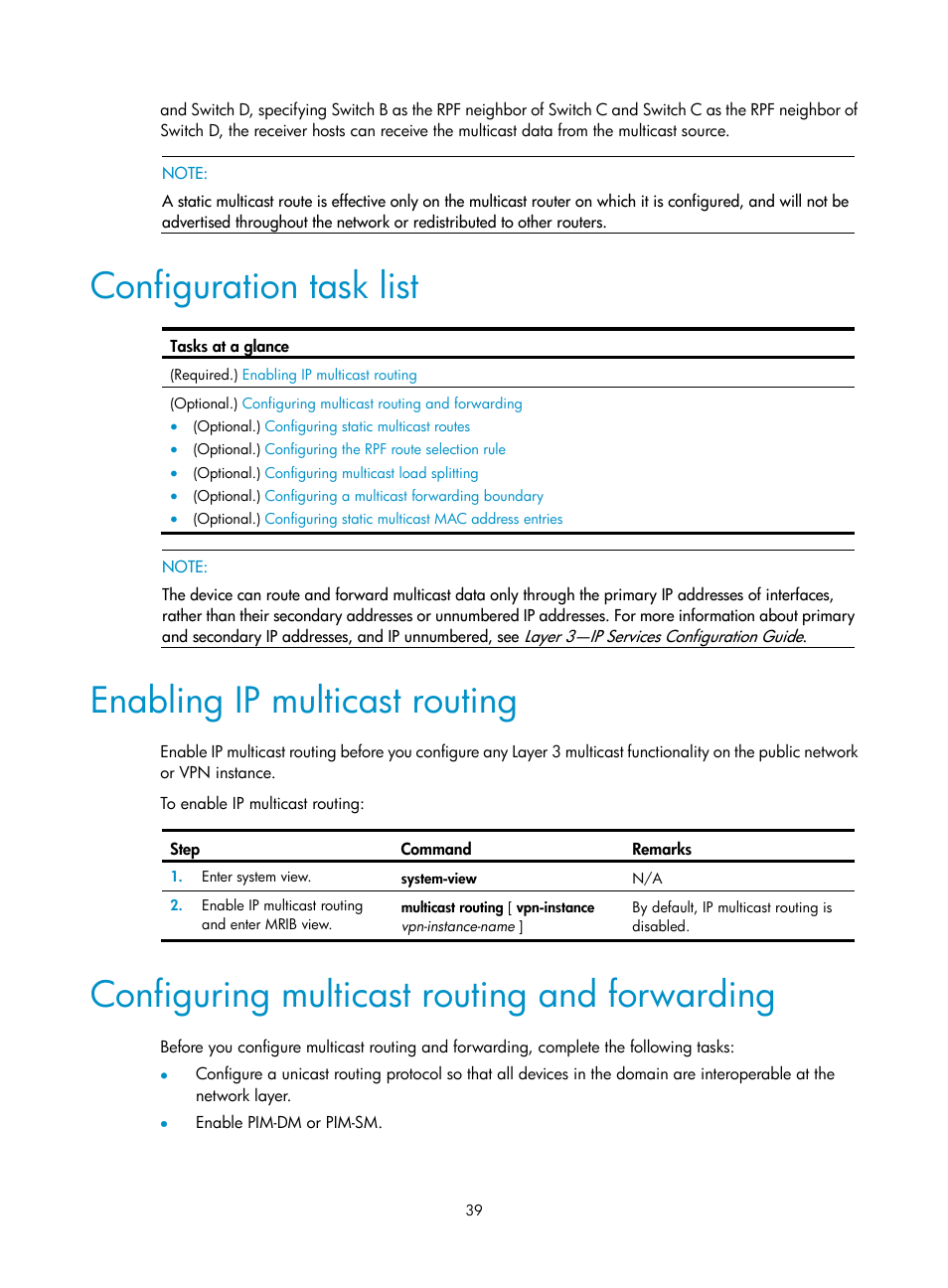 Configuration task list, Enabling ip multicast routing, Configuring multicast routing and forwarding | Igmp snooping configuration examples, Group policy configuration example | H3C Technologies H3C S12500-X Series Switches User Manual | Page 49 / 226