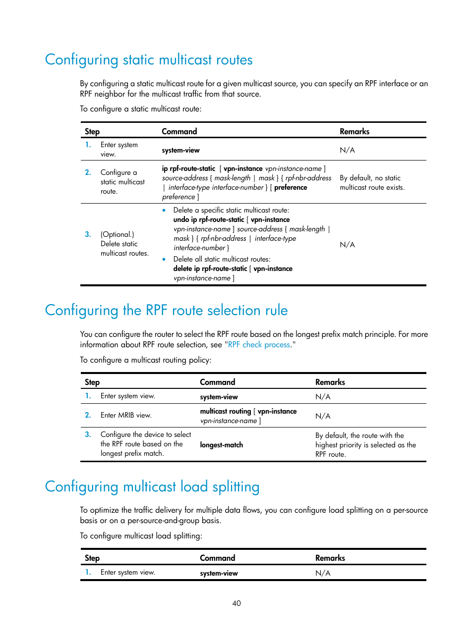 Configuring static multicast routes, Configuring the rpf route selection rule, Configuring multicast load splitting | H3C Technologies H3C S12500-X Series Switches User Manual | Page 50 / 226