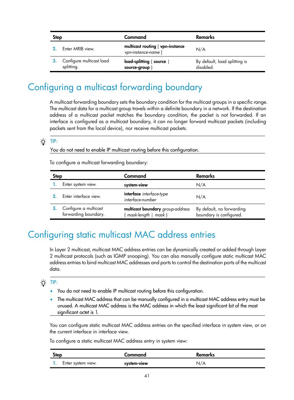 Configuring a multicast forwarding boundary, Configuring static multicast mac address entries | H3C Technologies H3C S12500-X Series Switches User Manual | Page 51 / 226