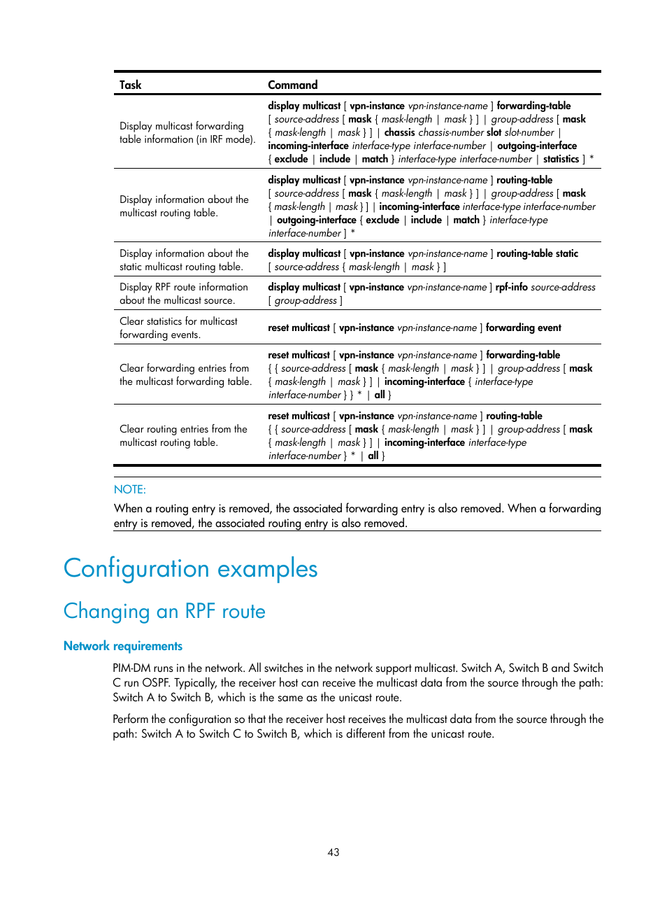 Configuration examples, Changing an rpf route, Network requirements | H3C Technologies H3C S12500-X Series Switches User Manual | Page 53 / 226