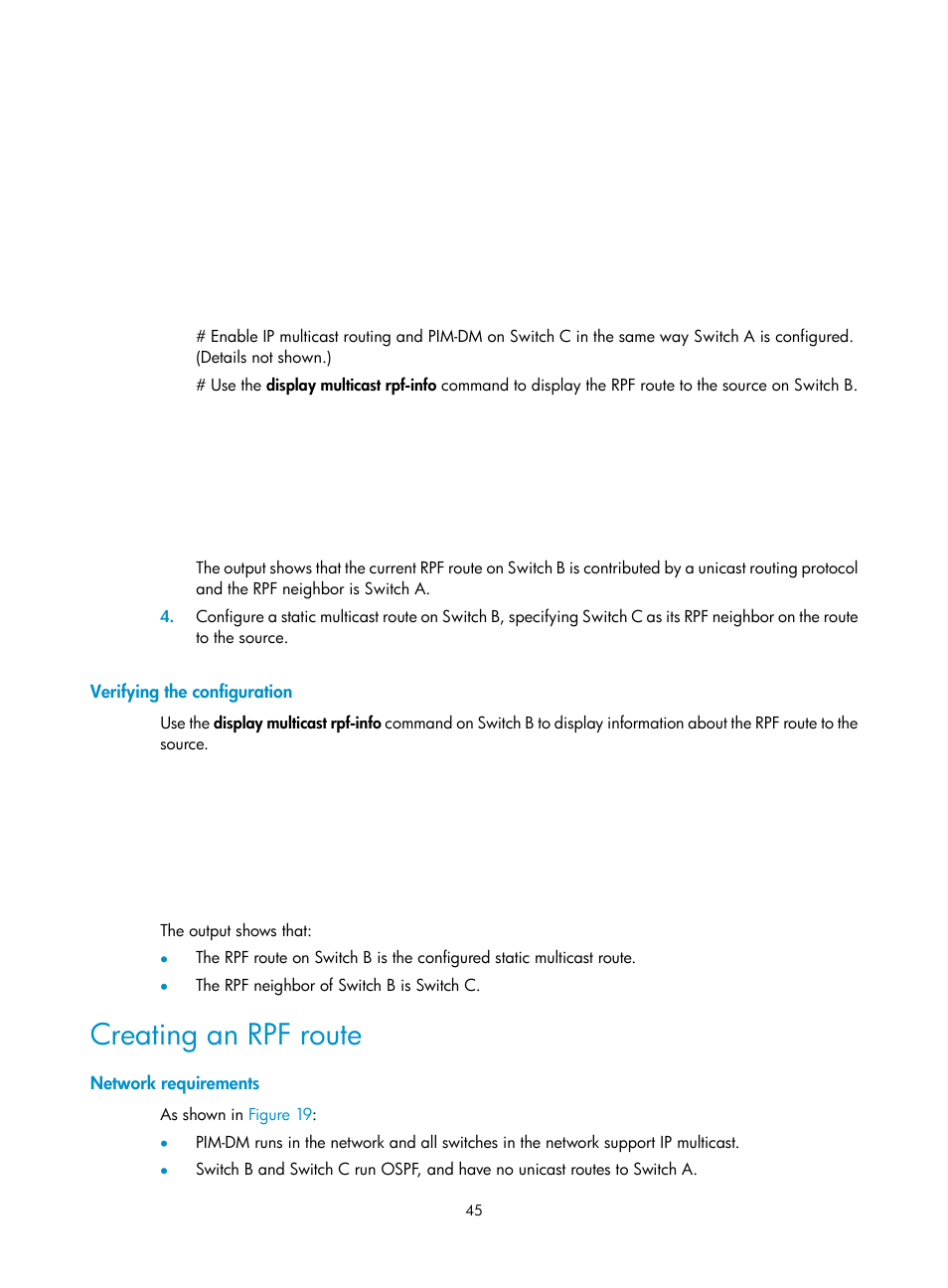 Verifying the configuration, Creating an rpf route, Network requirements | Troubleshooting igmp snooping, Layer 2 multicast forwarding cannot function | H3C Technologies H3C S12500-X Series Switches User Manual | Page 55 / 226