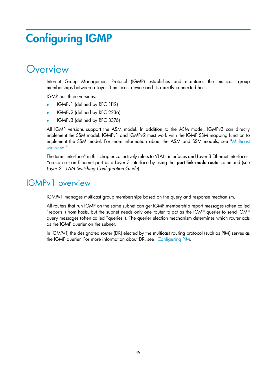 Configuring igmp, Overview, Igmpv1 overview | H3C Technologies H3C S12500-X Series Switches User Manual | Page 59 / 226