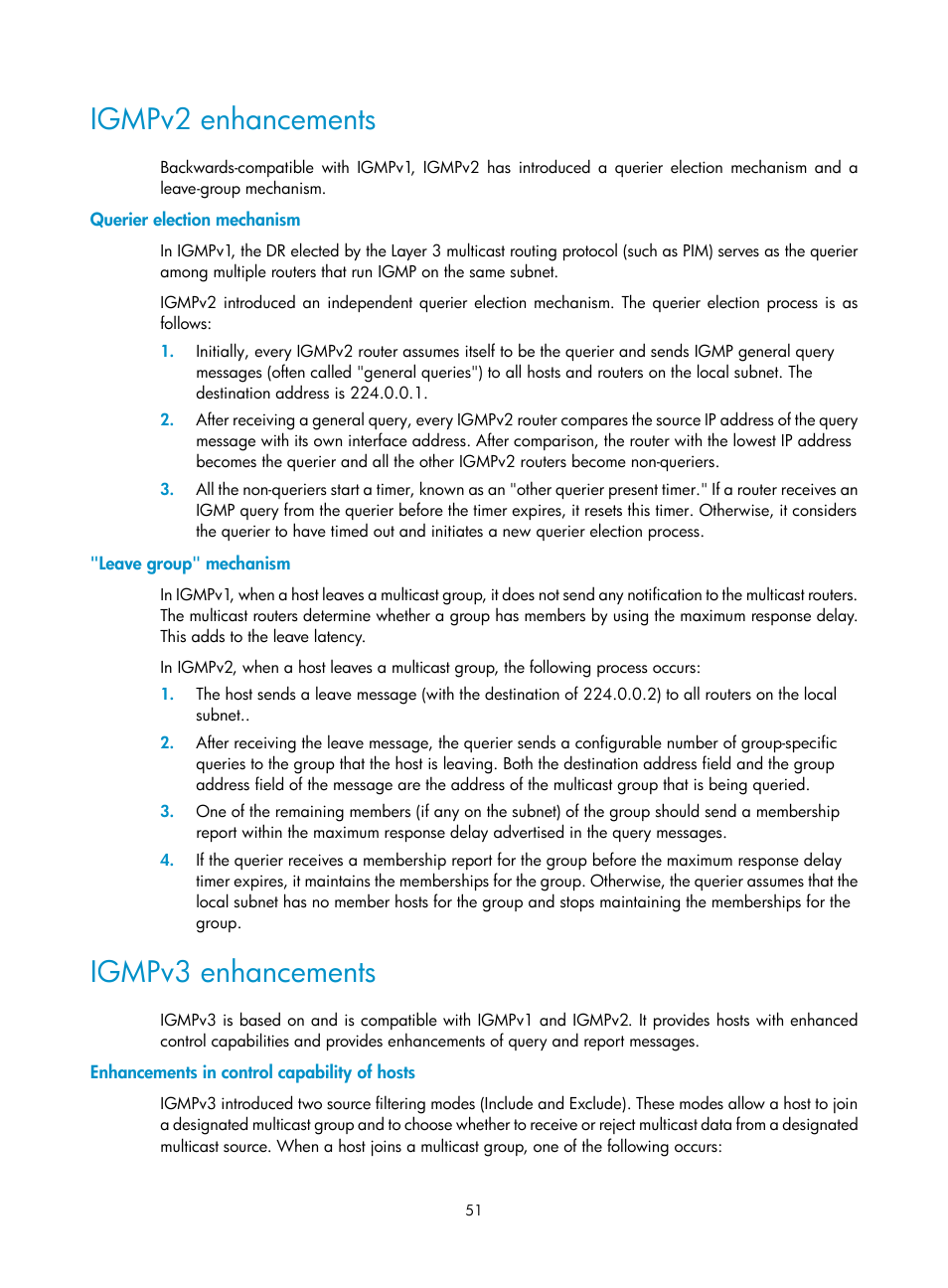 Igmpv2 enhancements, Querier election mechanism, Leave group" mechanism | Igmpv3 enhancements, Enhancements in control capability of hosts | H3C Technologies H3C S12500-X Series Switches User Manual | Page 61 / 226