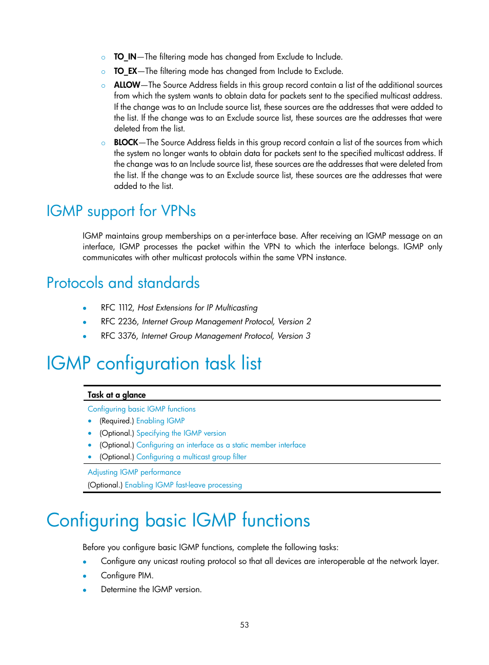 Igmp support for vpns, Protocols and standards, Igmp configuration task list | Configuring basic igmp functions, Enabling ip multicast routing | H3C Technologies H3C S12500-X Series Switches User Manual | Page 63 / 226
