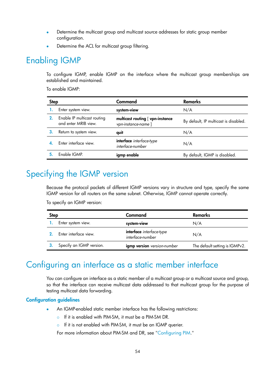 Enabling igmp, Specifying the igmp version, Configuration guidelines | Configuring multicast routing and forwarding, Configuring static multicast routes | H3C Technologies H3C S12500-X Series Switches User Manual | Page 64 / 226
