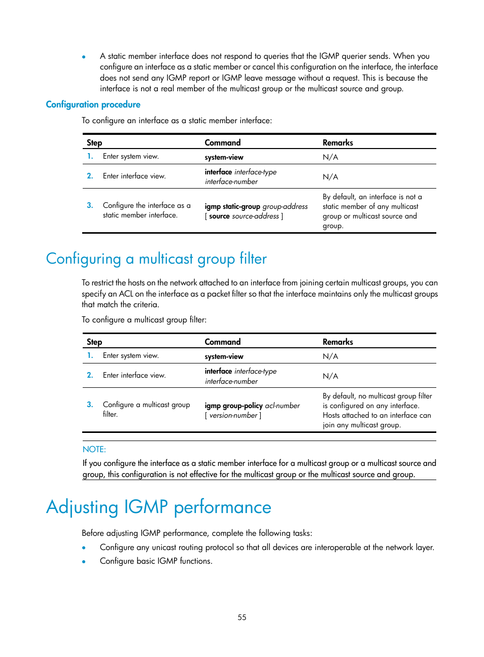 Configuration procedure, Configuring a multicast group filter, Adjusting igmp performance | Configuring the rpf route selection rule | H3C Technologies H3C S12500-X Series Switches User Manual | Page 65 / 226