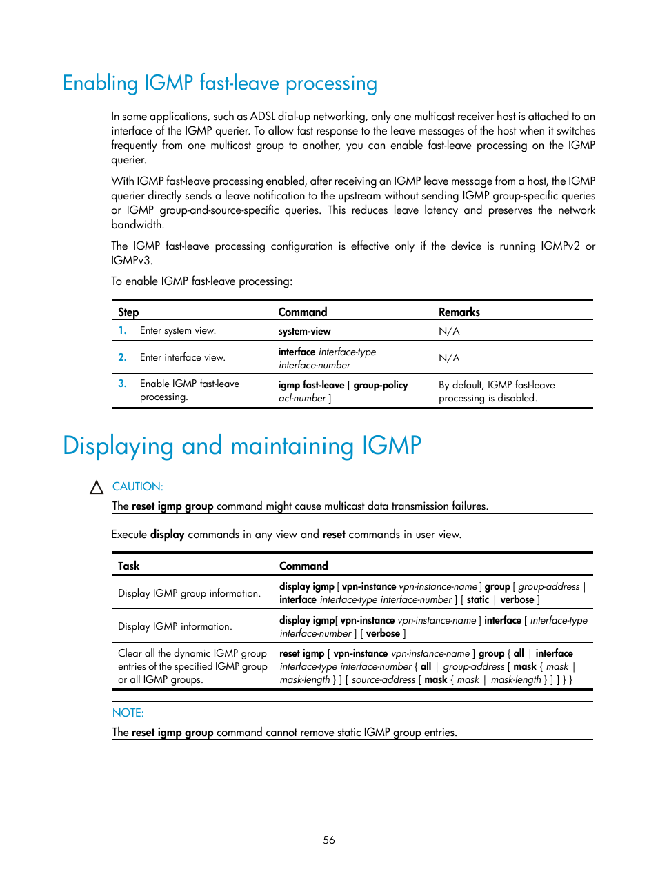 Enabling igmp fast-leave processing, Displaying and maintaining igmp, Configuring multicast load splitting | Configuring a multicast forwarding boundary | H3C Technologies H3C S12500-X Series Switches User Manual | Page 66 / 226