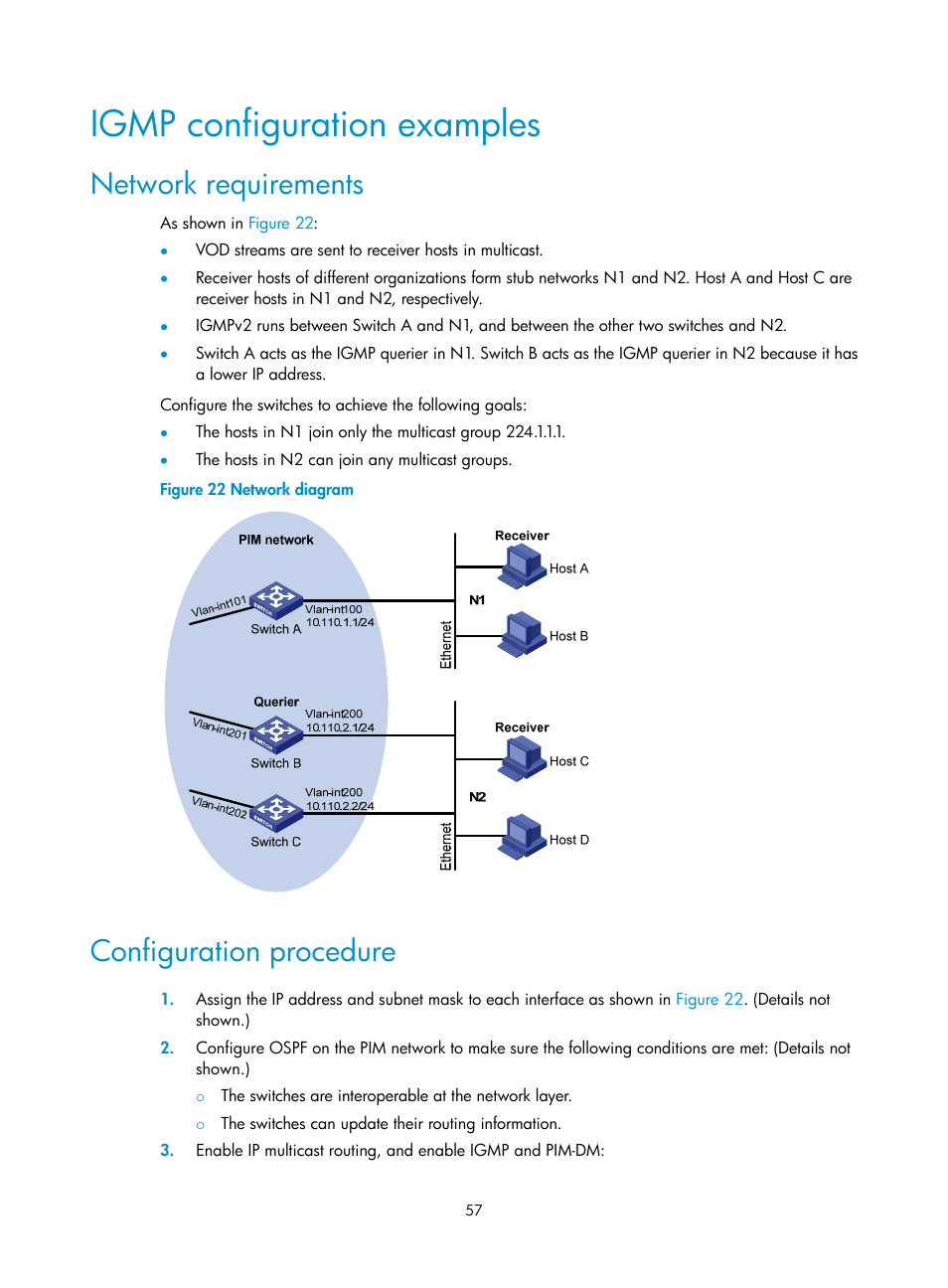 Igmp configuration examples, Network requirements, Configuration procedure | Configuring static multicast mac address entries | H3C Technologies H3C S12500-X Series Switches User Manual | Page 67 / 226