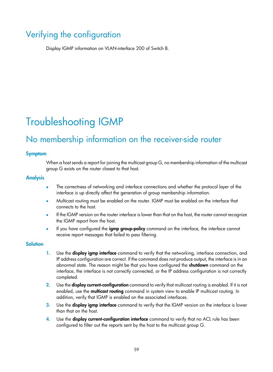 Verifying the configuration, Troubleshooting igmp, Symptom | Analysis, Solution, Configuration examples | H3C Technologies H3C S12500-X Series Switches User Manual | Page 69 / 226