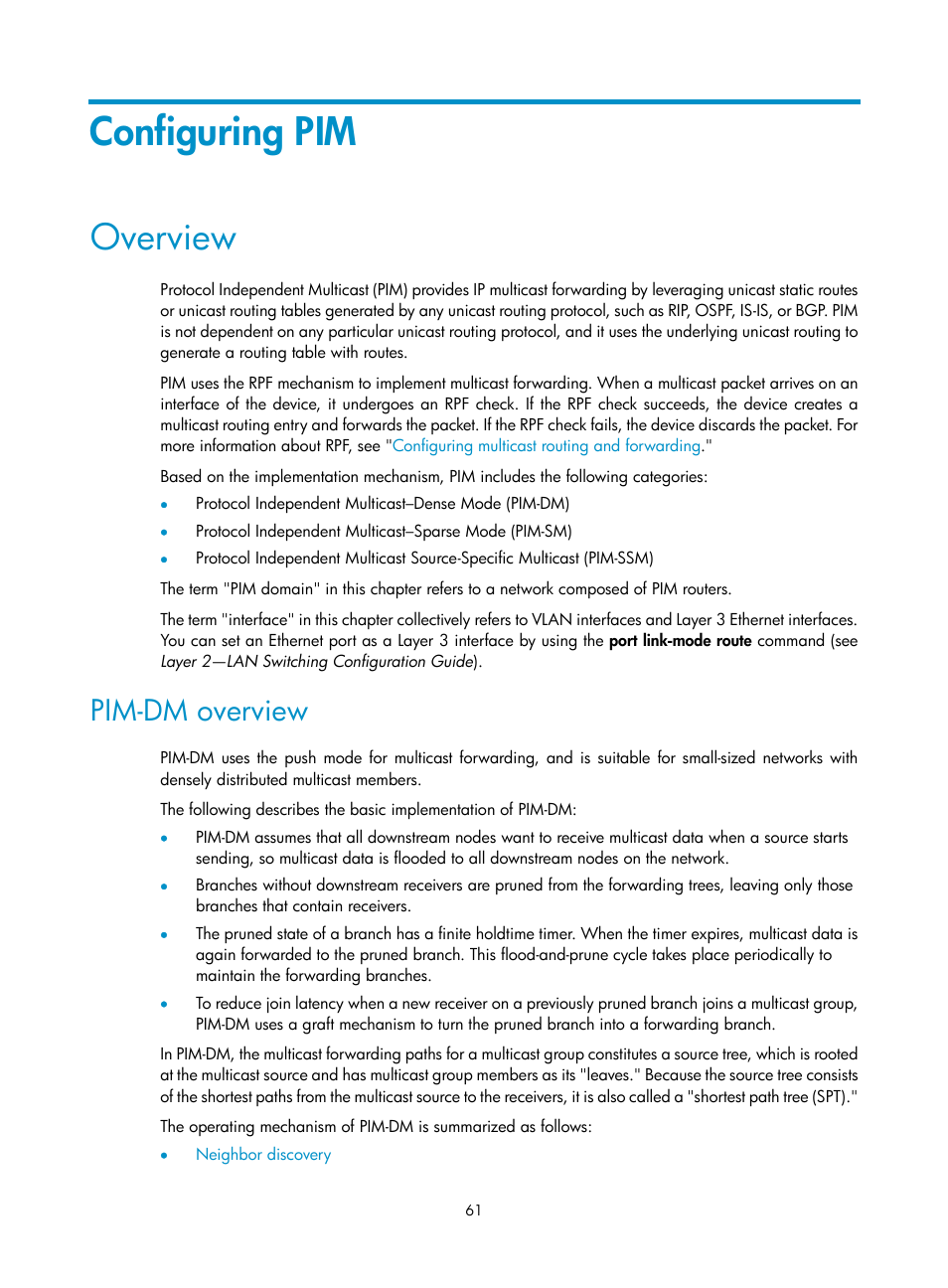 Configuring pim, Overview, Pim-dm overview | H3C Technologies H3C S12500-X Series Switches User Manual | Page 71 / 226