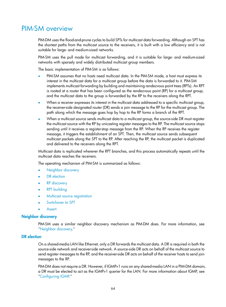 Pim-sm overview, Neighbor discovery, Dr election | H3C Technologies H3C S12500-X Series Switches User Manual | Page 74 / 226