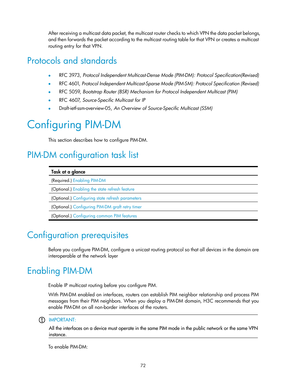 Protocols and standards, Configuring pim-dm, Pim-dm configuration task list | Configuration prerequisites, Enabling pim-dm, Igmp support for vpns | H3C Technologies H3C S12500-X Series Switches User Manual | Page 82 / 226