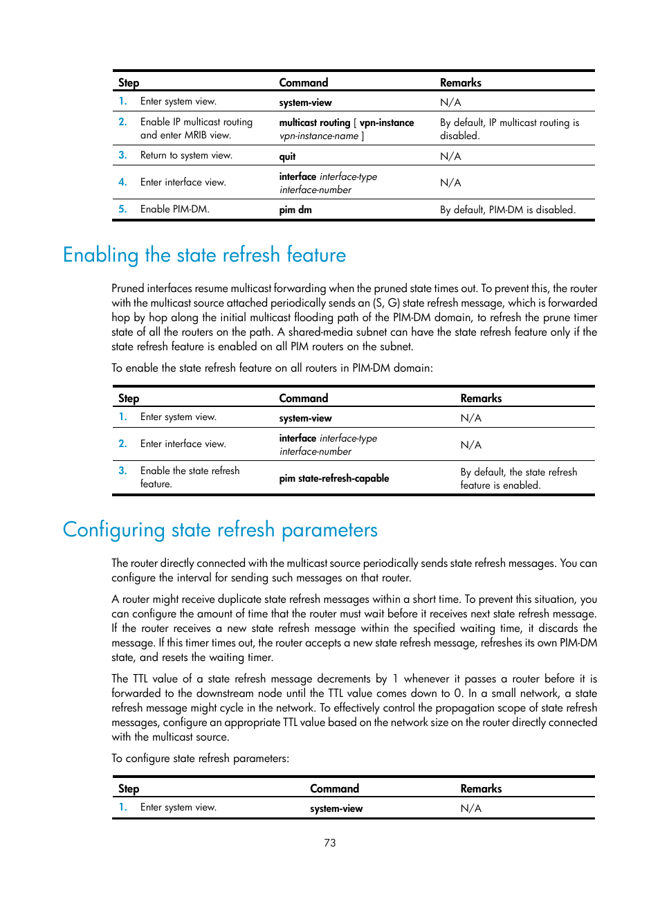 Enabling the state refresh feature, Configuring state refresh parameters, Igmp configuration task list | H3C Technologies H3C S12500-X Series Switches User Manual | Page 83 / 226