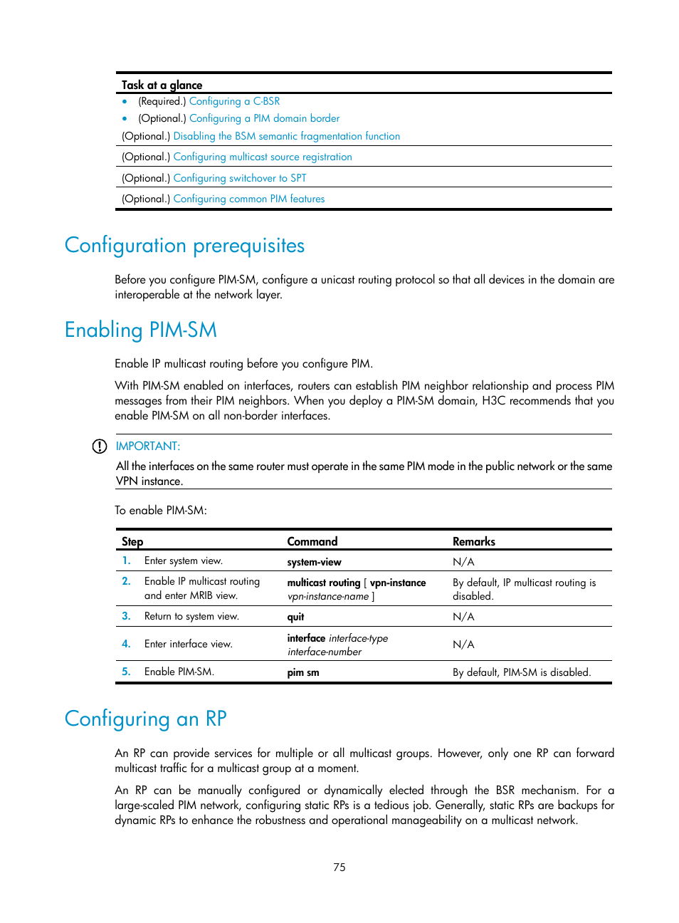 Configuration prerequisites, Enabling pim-sm, Configuring an rp | Specifying the igmp version | H3C Technologies H3C S12500-X Series Switches User Manual | Page 85 / 226