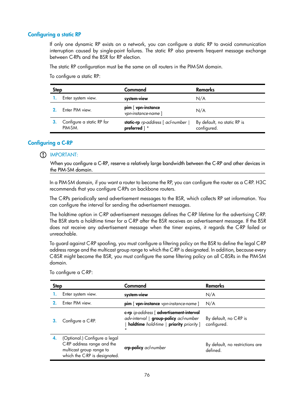 Configuring a static rp, Configuring a c-rp, Configuring a multicast group filter | H3C Technologies H3C S12500-X Series Switches User Manual | Page 86 / 226