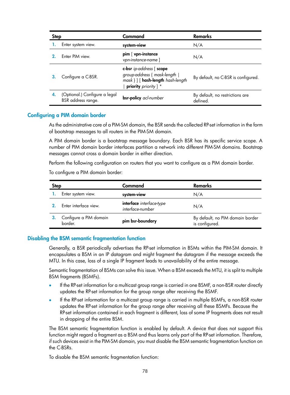 Configuring a pim domain border, Disabling the bsm semantic fragmentation function, Displaying and maintaining igmp | H3C Technologies H3C S12500-X Series Switches User Manual | Page 88 / 226