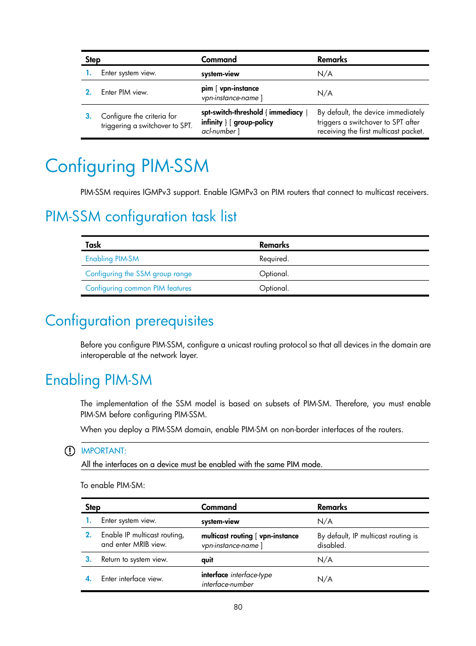 Configuring pim-ssm, Pim-ssm configuration task list, Configuration prerequisites | Enabling pim-sm, Configuration procedure | H3C Technologies H3C S12500-X Series Switches User Manual | Page 90 / 226