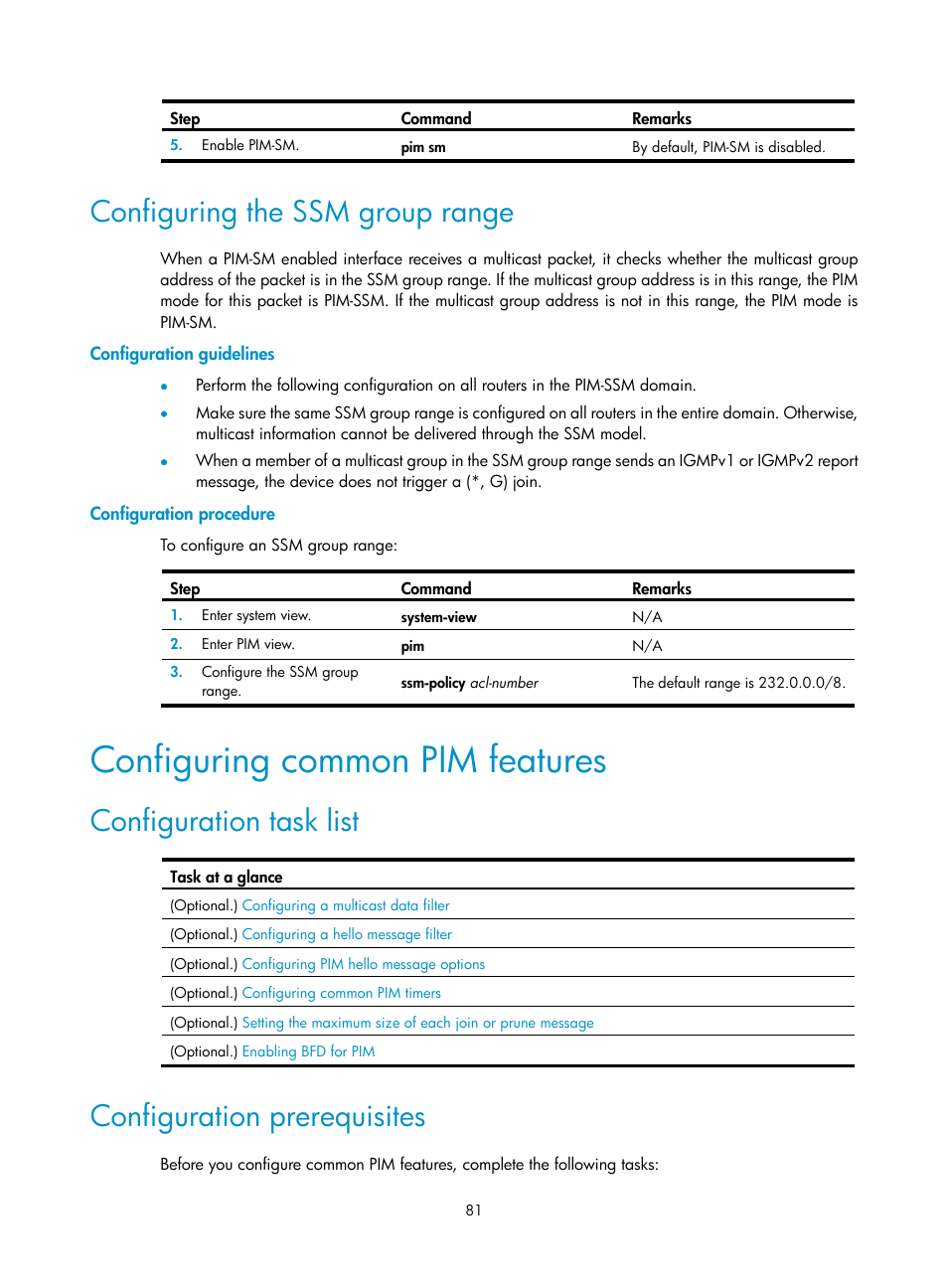 Configuring the ssm group range, Configuration guidelines, Configuration procedure | Configuring common pim features, Configuration task list, Configuration prerequisites, Verifying the configuration | H3C Technologies H3C S12500-X Series Switches User Manual | Page 91 / 226
