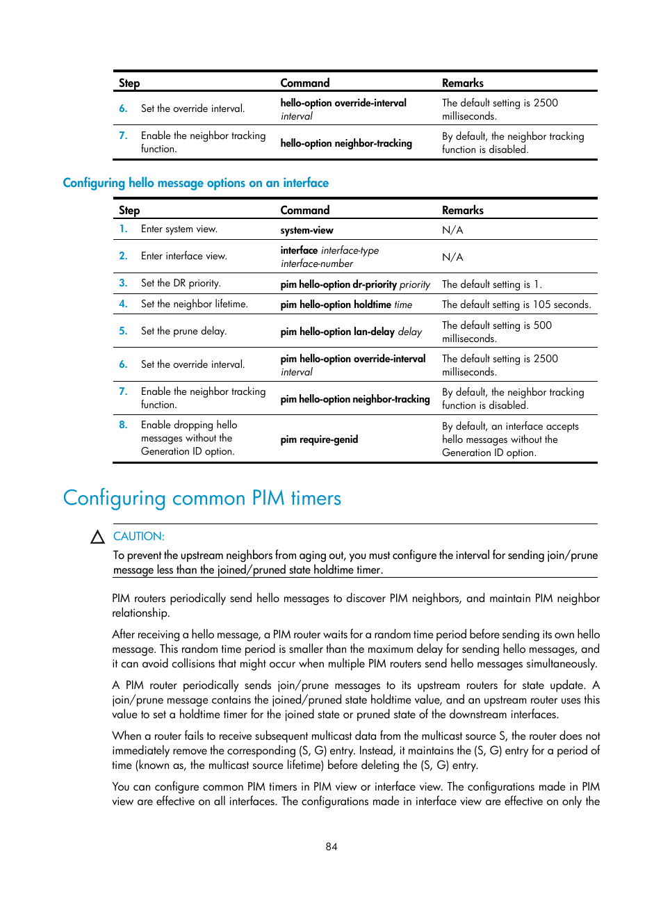 Configuring hello message options on an interface, Configuring common pim timers, Configuring pim | Overview, Configuring common pim, Timers | H3C Technologies H3C S12500-X Series Switches User Manual | Page 94 / 226