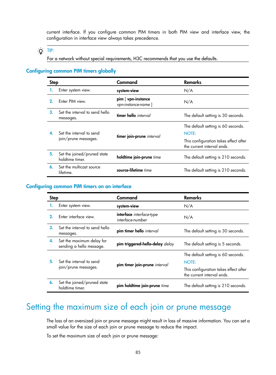 Configuring common pim timers globally, Configuring common pim timers on an interface, Pim-dm overview | H3C Technologies H3C S12500-X Series Switches User Manual | Page 95 / 226