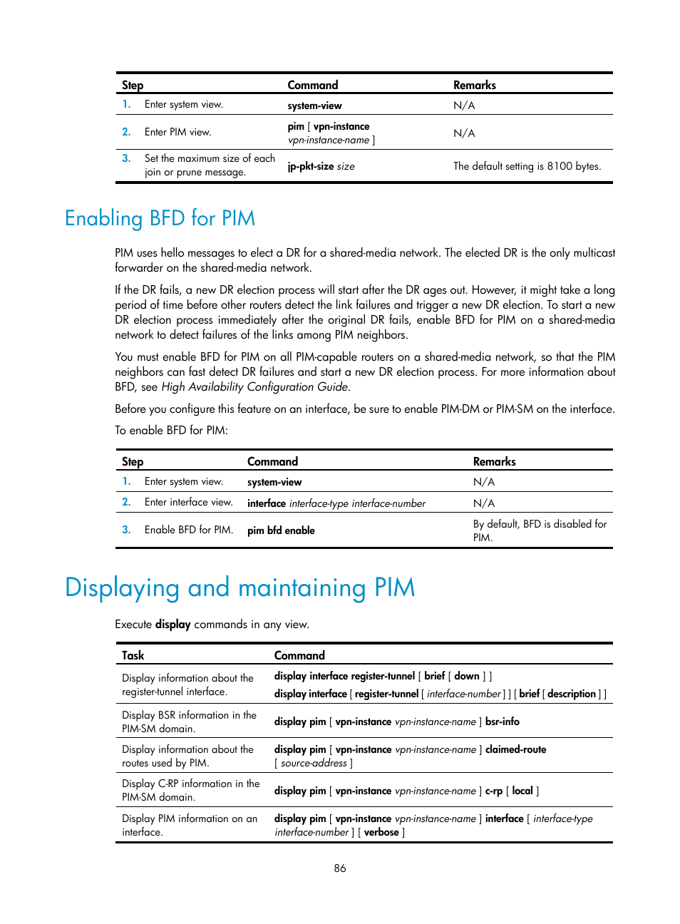 Enabling bfd for pim, Displaying and maintaining pim | H3C Technologies H3C S12500-X Series Switches User Manual | Page 96 / 226