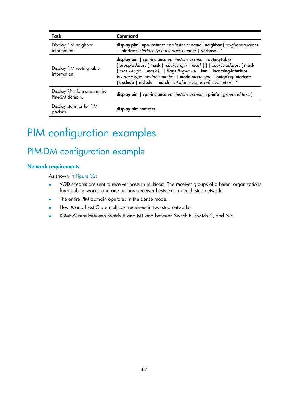 Pim configuration examples, Pim-dm configuration example, Network requirements | H3C Technologies H3C S12500-X Series Switches User Manual | Page 97 / 226