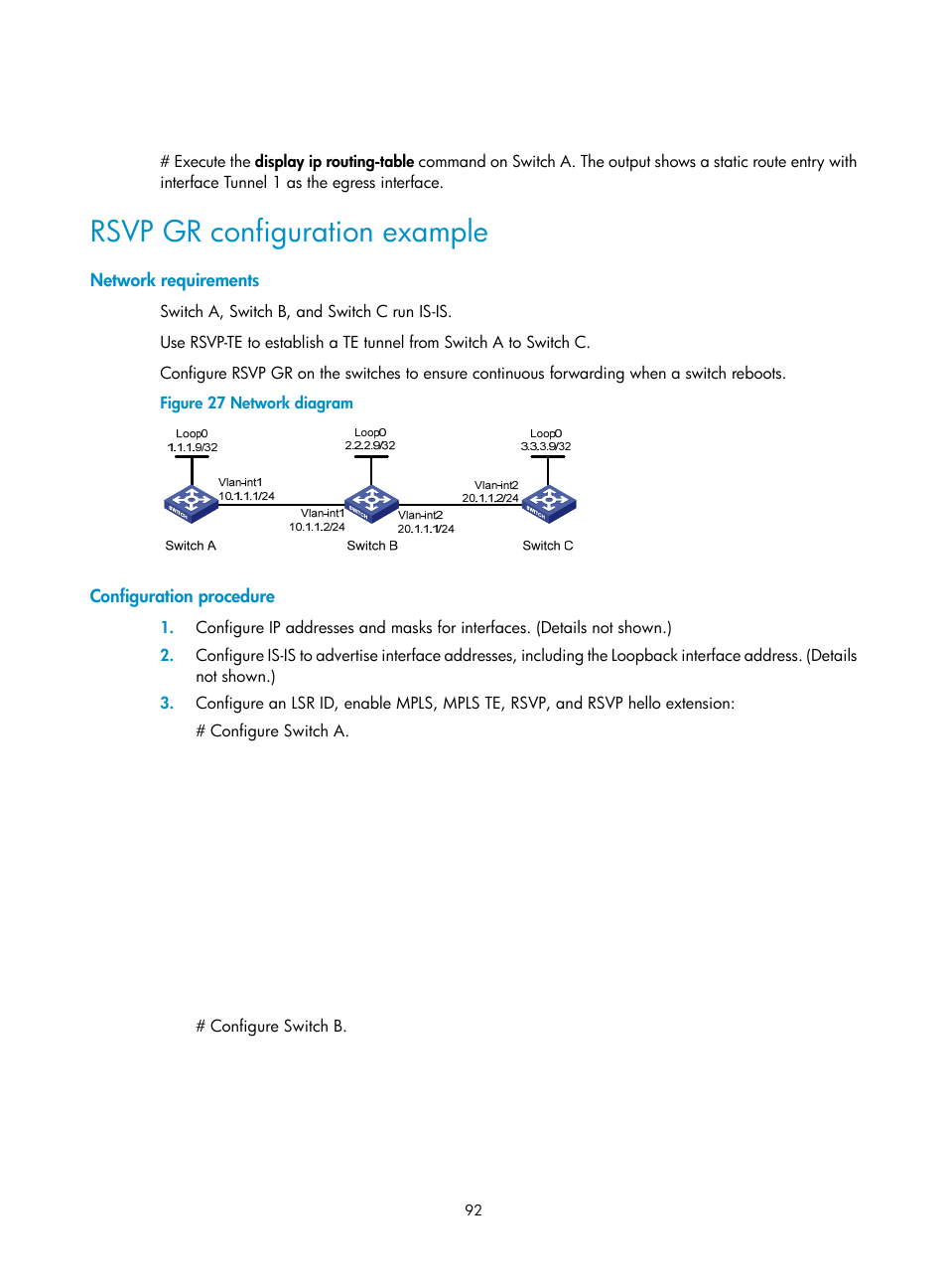 Rsvp gr configuration example, Network requirements, Configuration procedure | H3C Technologies H3C S12500-X Series Switches User Manual | Page 103 / 397