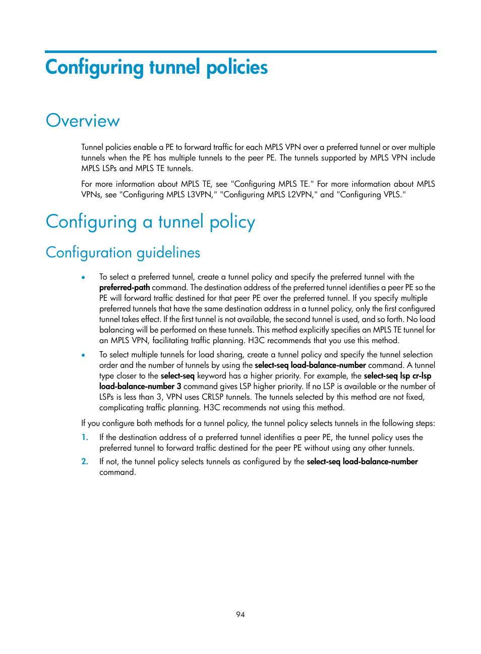 Configuring tunnel policies, Overview, Configuring a tunnel policy | Configuration guidelines, Configuring a static crlsp | H3C Technologies H3C S12500-X Series Switches User Manual | Page 105 / 397