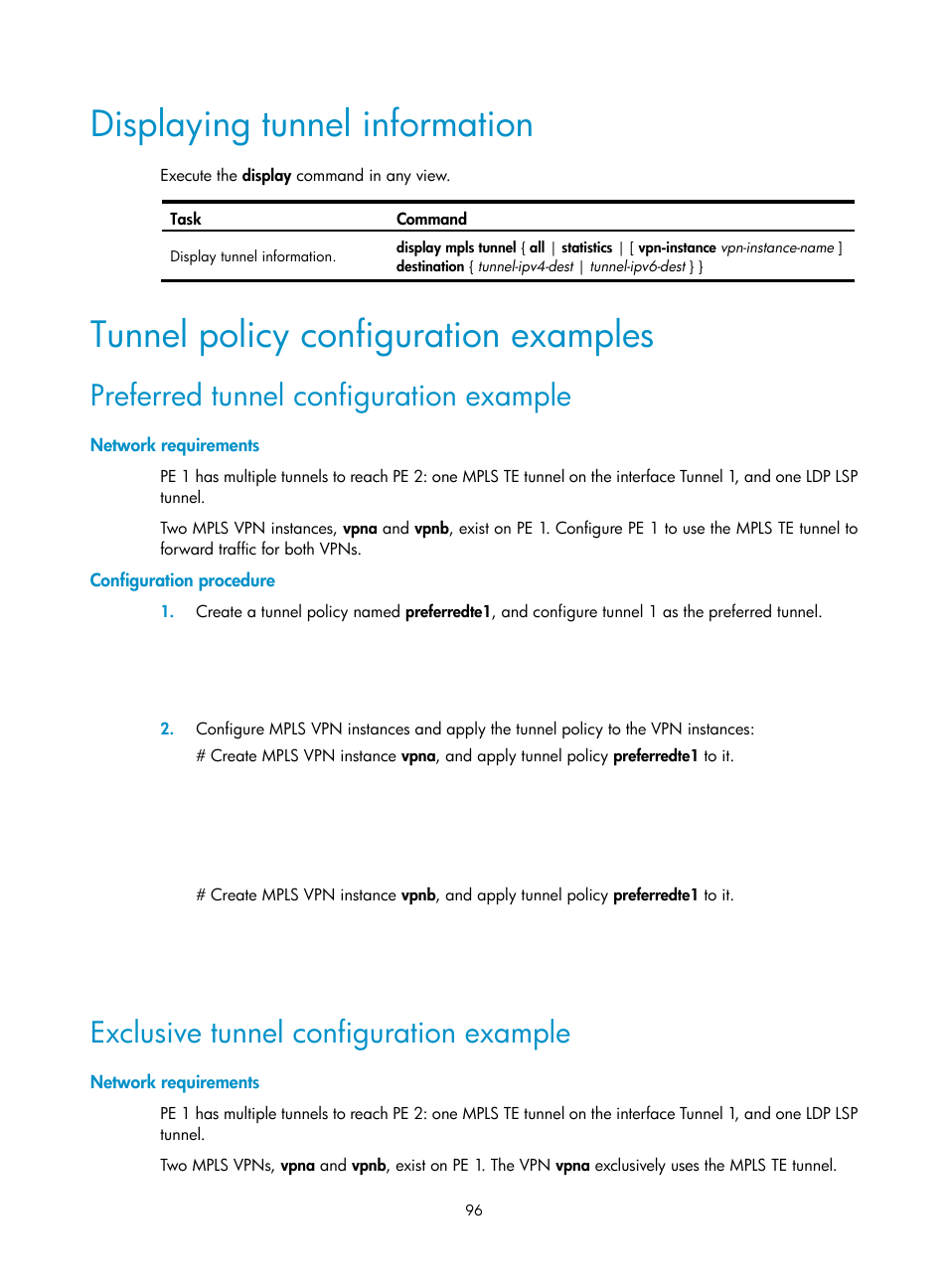 Displaying tunnel information, Tunnel policy configuration examples, Preferred tunnel configuration example | Network requirements, Configuration procedure, Exclusive tunnel configuration example, Displaying static crlsps, Static crlsp configuration example | H3C Technologies H3C S12500-X Series Switches User Manual | Page 107 / 397