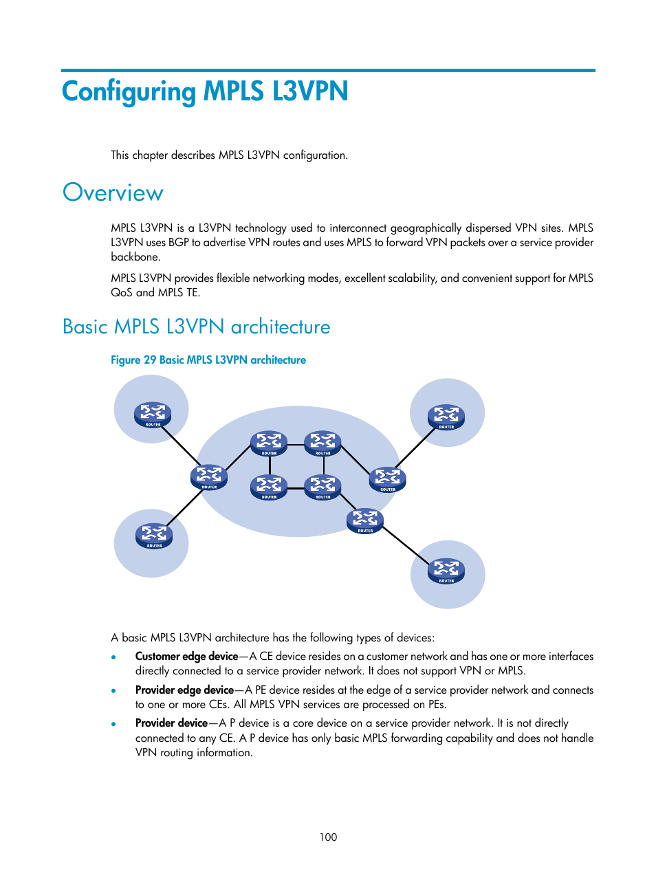 Configuring mpls l3vpn, Overview, Basic mpls l3vpn architecture | See "configuring mpls l3vpn | H3C Technologies H3C S12500-X Series Switches User Manual | Page 111 / 397