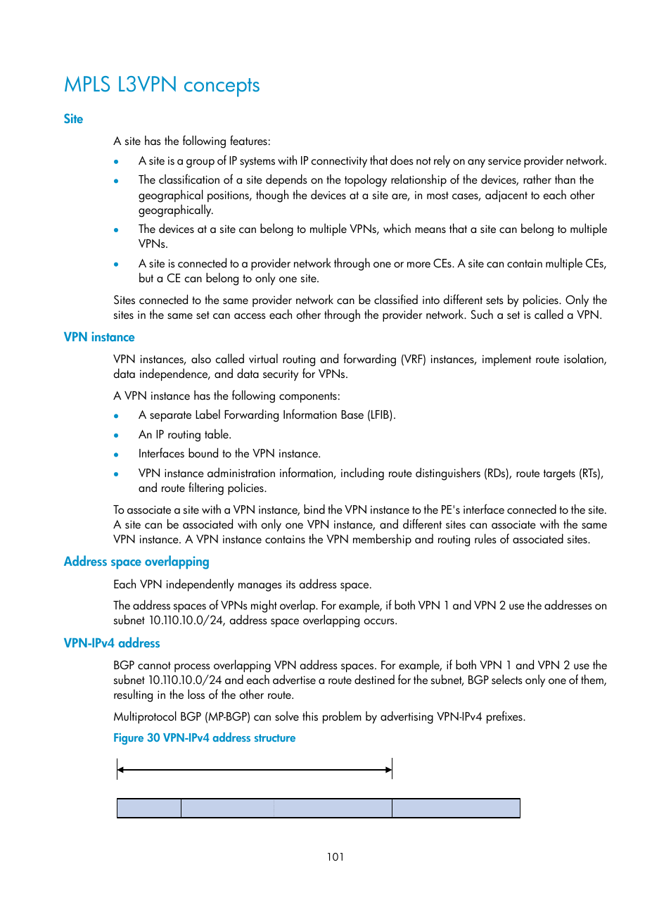 Mpls l3vpn concepts, Site, Vpn instance | Address space overlapping, Vpn-ipv4 address | H3C Technologies H3C S12500-X Series Switches User Manual | Page 112 / 397