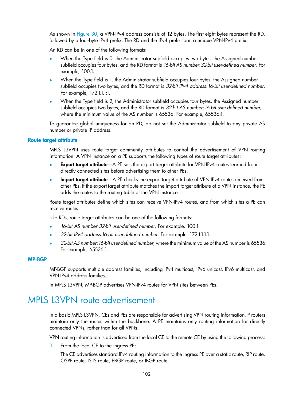 Route target attribute, Mp-bgp, Mpls l3vpn route advertisement | Configuring rsvp, Overview, Rsvp messages | H3C Technologies H3C S12500-X Series Switches User Manual | Page 113 / 397