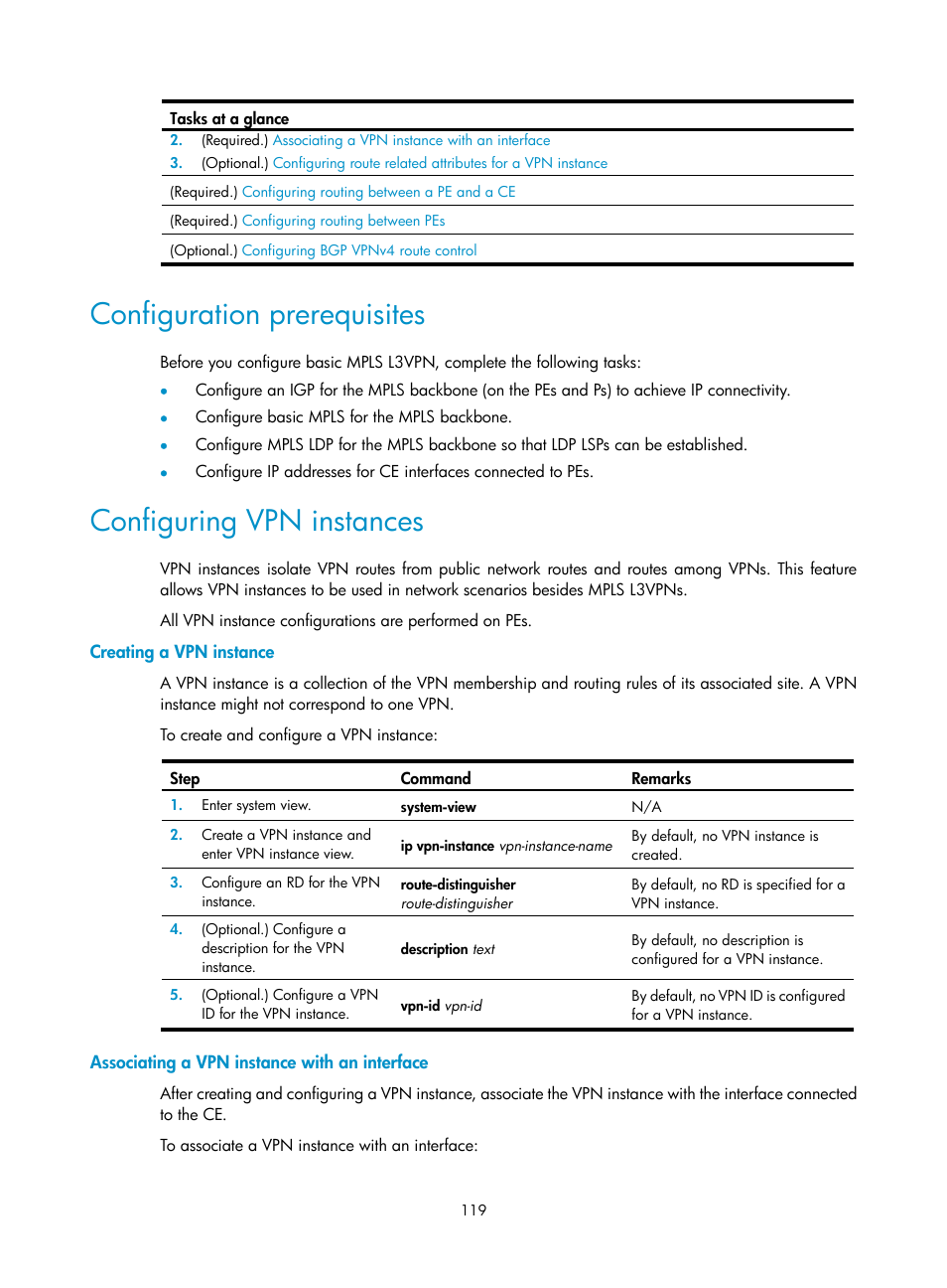 Configuration prerequisites, Configuring vpn instances, Creating a vpn instance | Associating a vpn instance with an interface | H3C Technologies H3C S12500-X Series Switches User Manual | Page 130 / 397