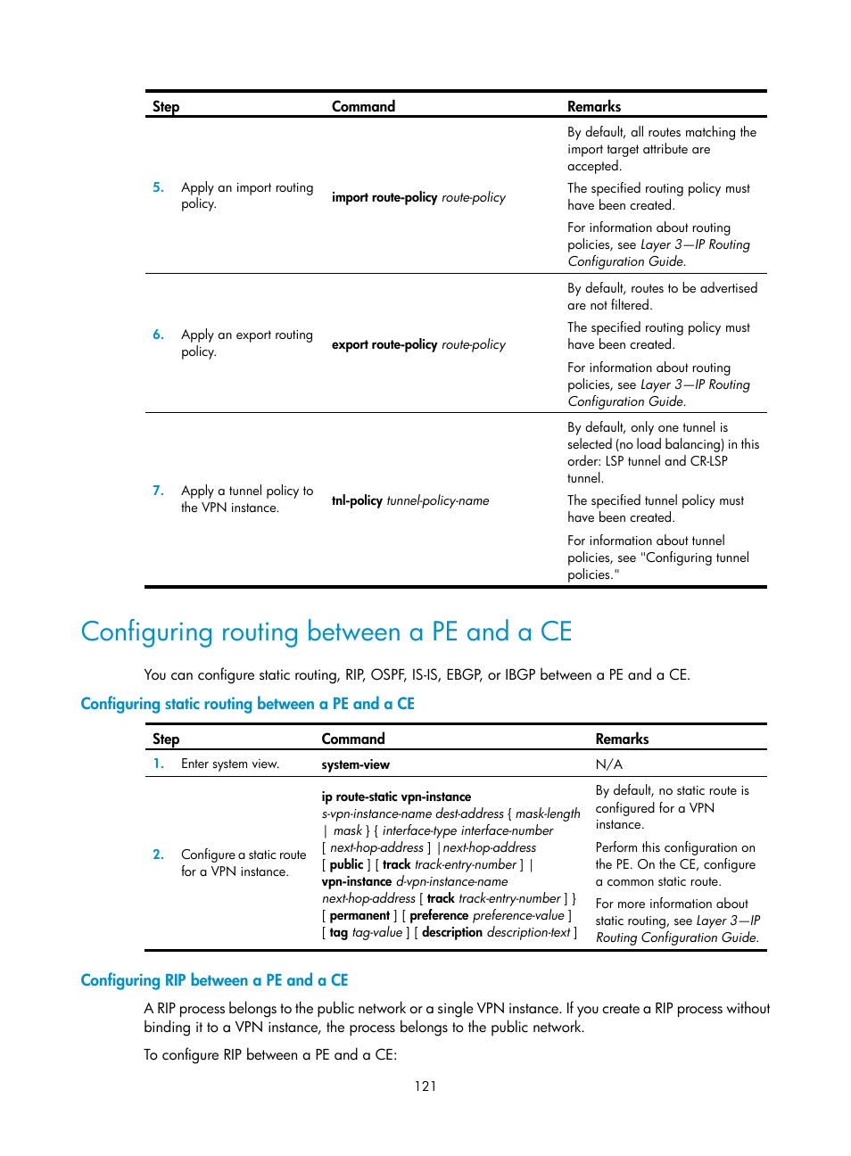 Configuring routing between a pe and a ce, Configuring static routing between a pe and a ce, Configuring rip between a pe and a ce | Rsvp gr configuration example, Required.) | H3C Technologies H3C S12500-X Series Switches User Manual | Page 132 / 397