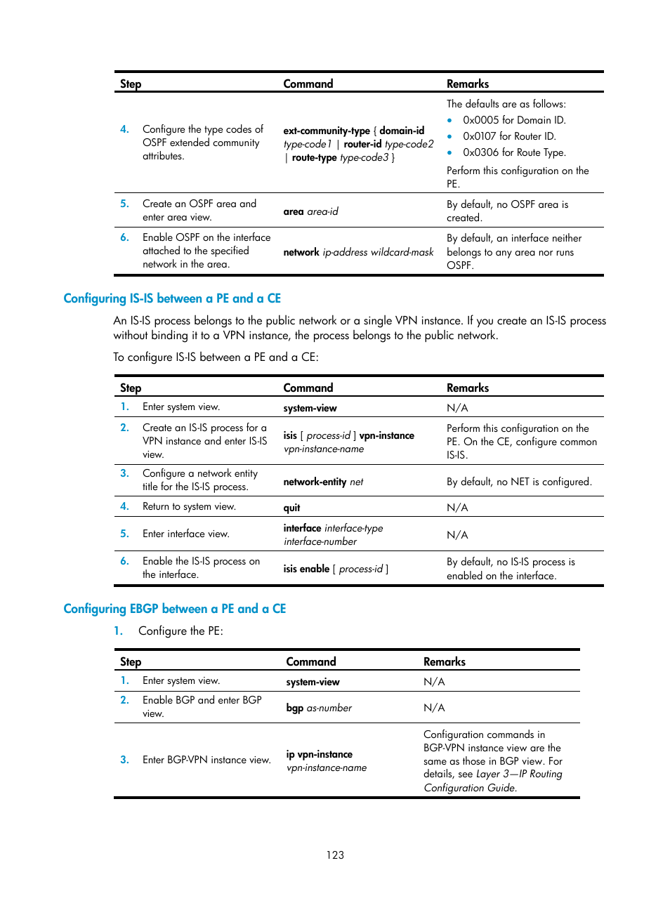 Configuring is-is between a pe and a ce, Configuring ebgp between a pe and a ce | H3C Technologies H3C S12500-X Series Switches User Manual | Page 134 / 397