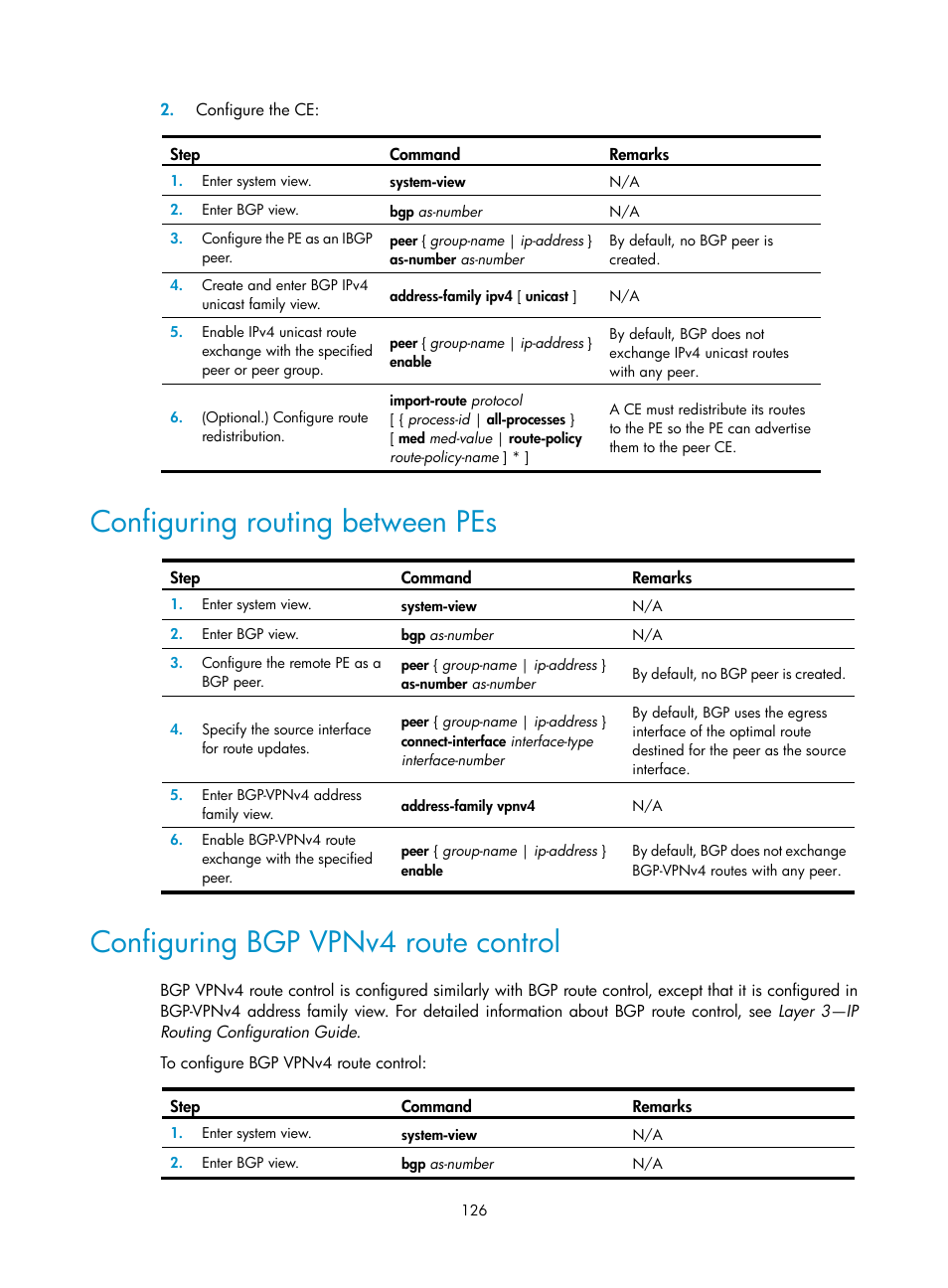 Configuring routing between pes, Configuring bgp vpnv4 route control, Configuration procedure | Displaying tunnel information, Required.) | H3C Technologies H3C S12500-X Series Switches User Manual | Page 137 / 397