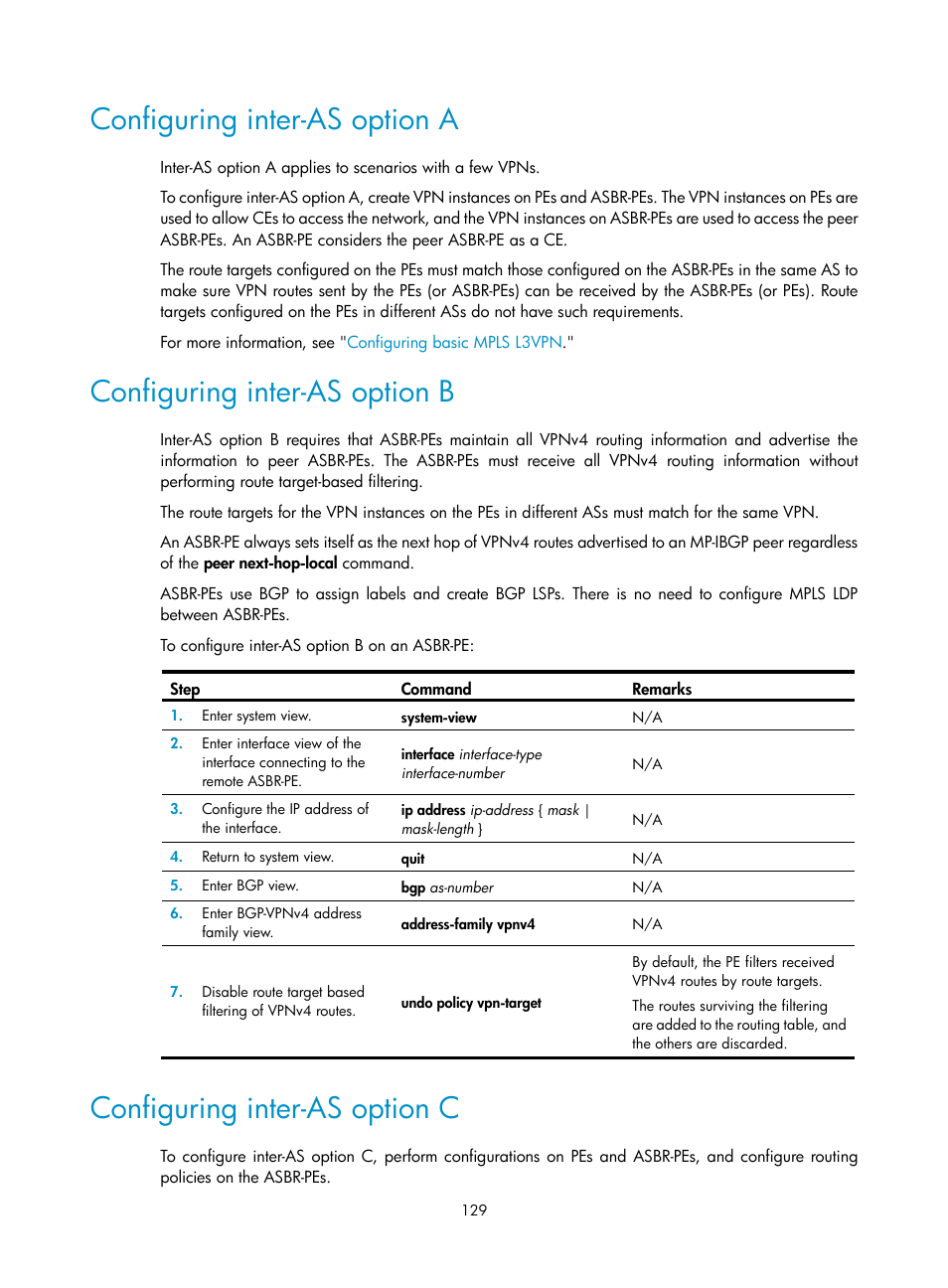 Configuring inter-as option a, Configuring inter-as option b, Configuring inter-as option c | Tunnel selection order configuration example | H3C Technologies H3C S12500-X Series Switches User Manual | Page 140 / 397