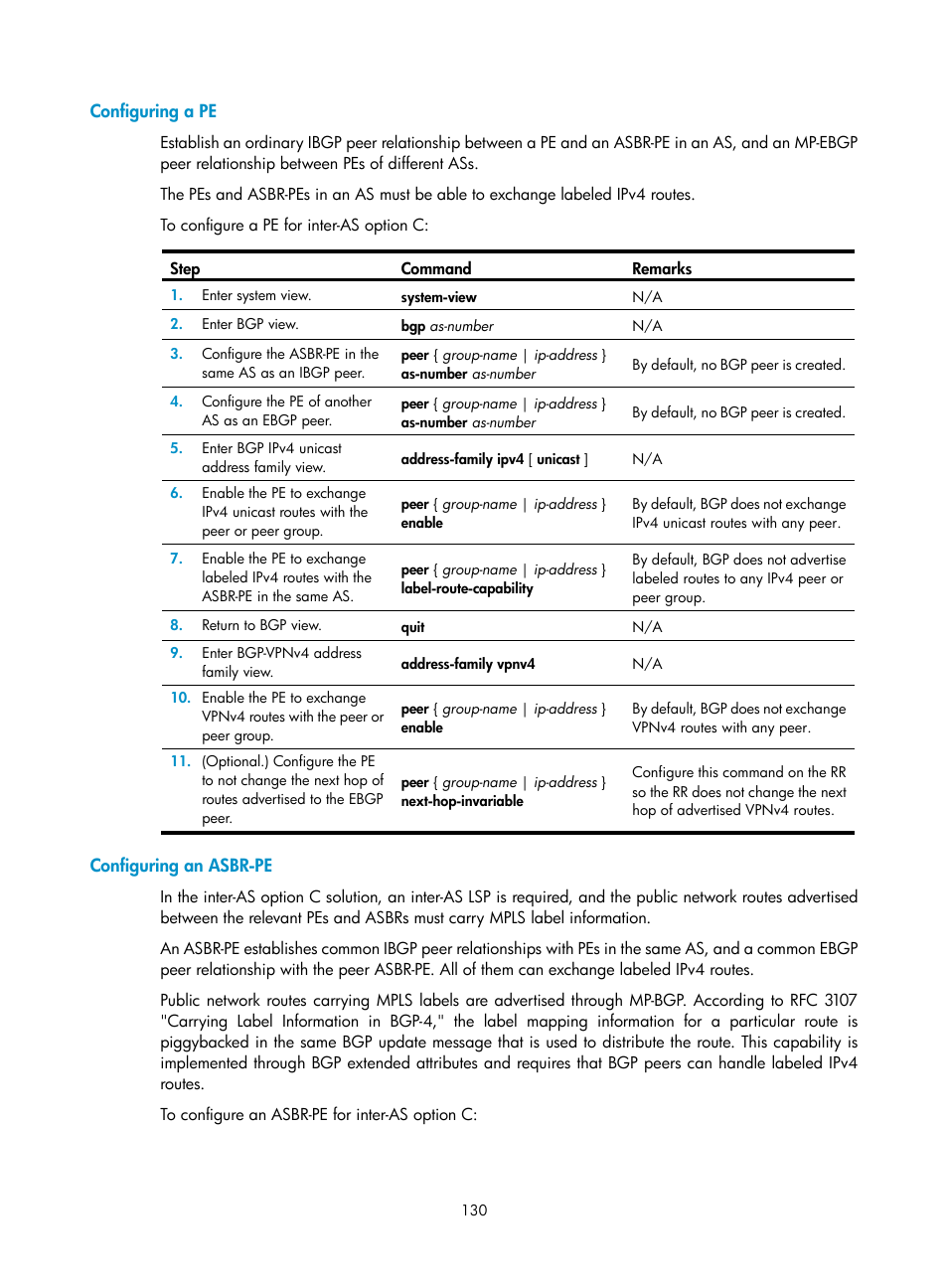 Configuring a pe, Configuring an asbr-pe | H3C Technologies H3C S12500-X Series Switches User Manual | Page 141 / 397