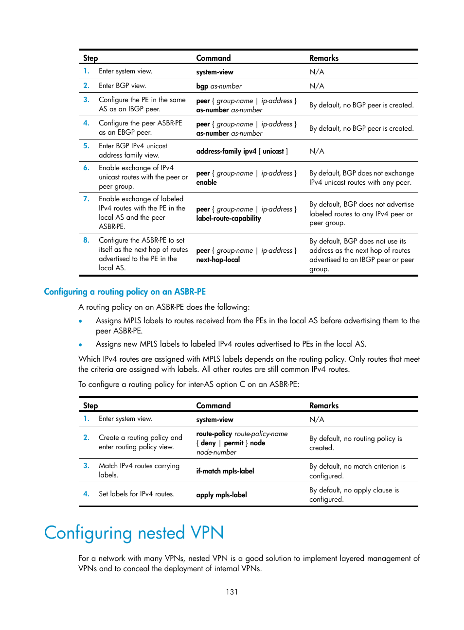 Configuring a routing policy on an asbr-pe, Configuring nested vpn | H3C Technologies H3C S12500-X Series Switches User Manual | Page 142 / 397