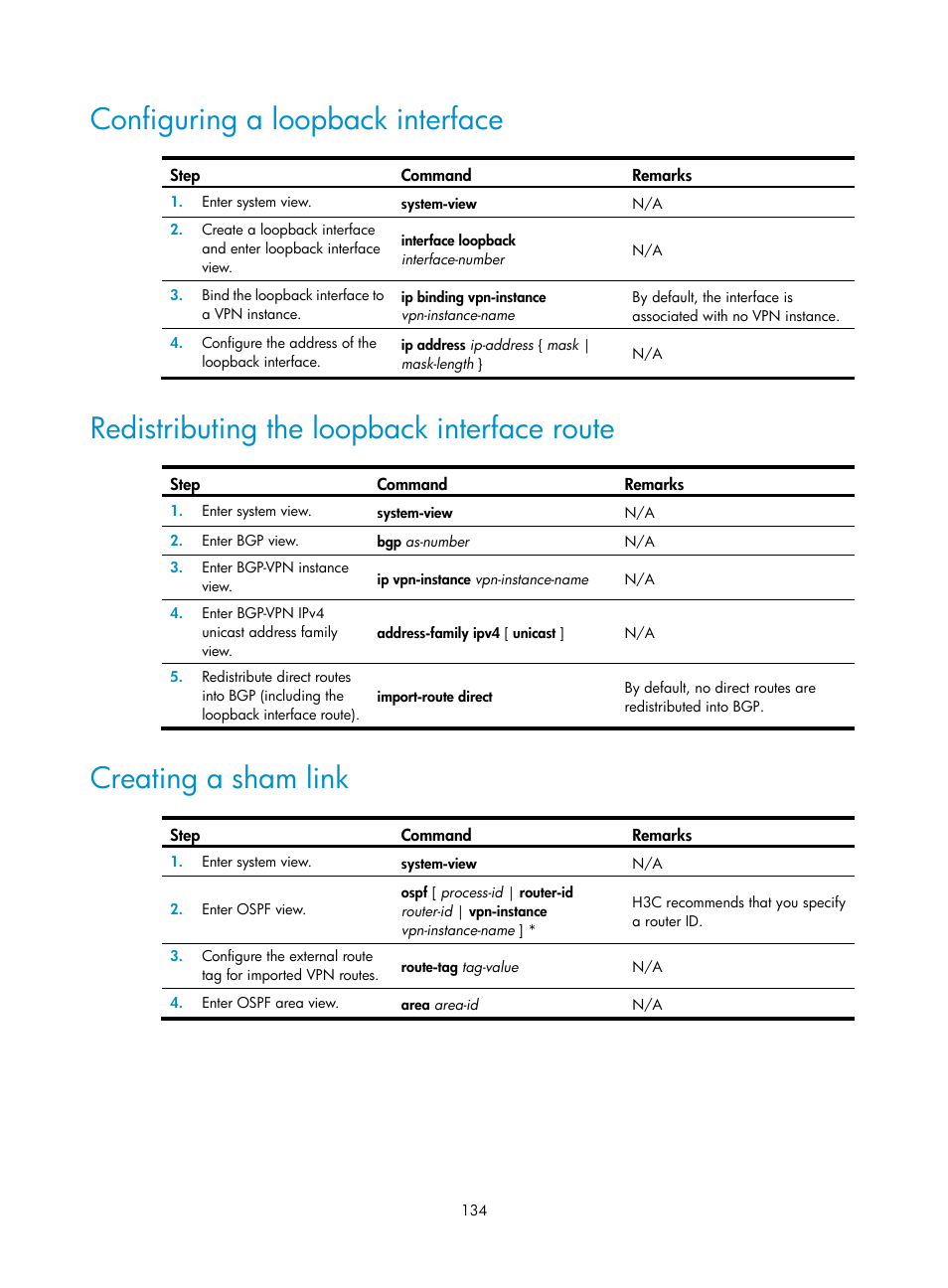 Configuring a loopback interface, Redistributing the loopback interface route, Creating a sham link | H3C Technologies H3C S12500-X Series Switches User Manual | Page 145 / 397