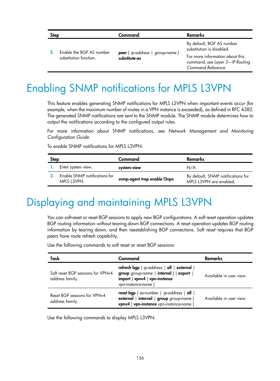 Enabling snmp notifications for mpls l3vpn, Displaying and maintaining mpls l3vpn, Mpls l3vpn route advertisement | Mpls l3vpn packet forwarding | H3C Technologies H3C S12500-X Series Switches User Manual | Page 147 / 397