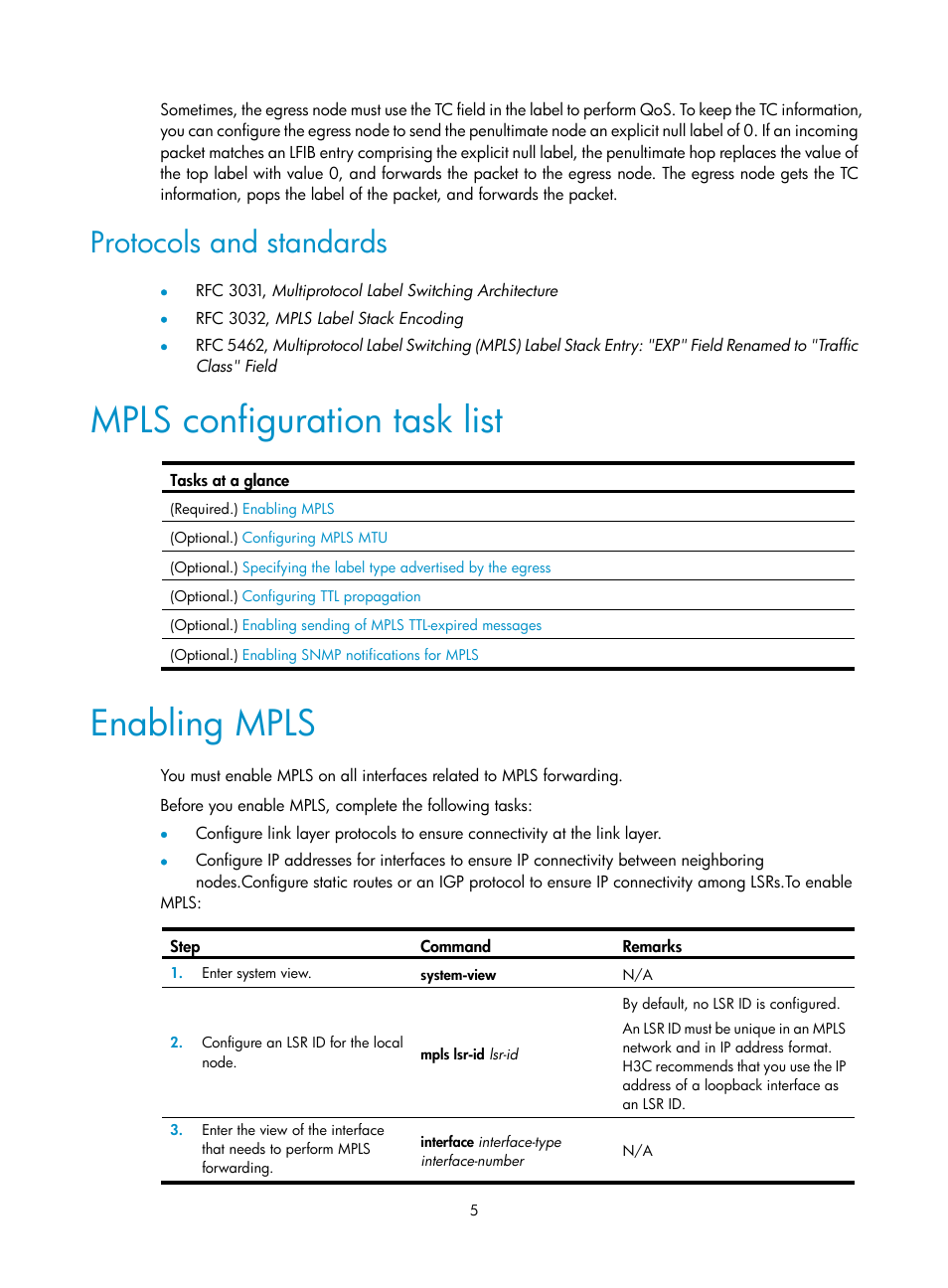 Protocols and standards, Mpls configuration task list, Enabling mpls | Mpls forwarding | H3C Technologies H3C S12500-X Series Switches User Manual | Page 16 / 397