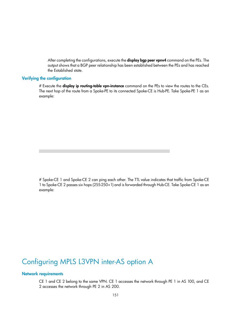 Verifying the configuration, Configuring mpls l3vpn inter-as option a, Network requirements | H3C Technologies H3C S12500-X Series Switches User Manual | Page 162 / 397