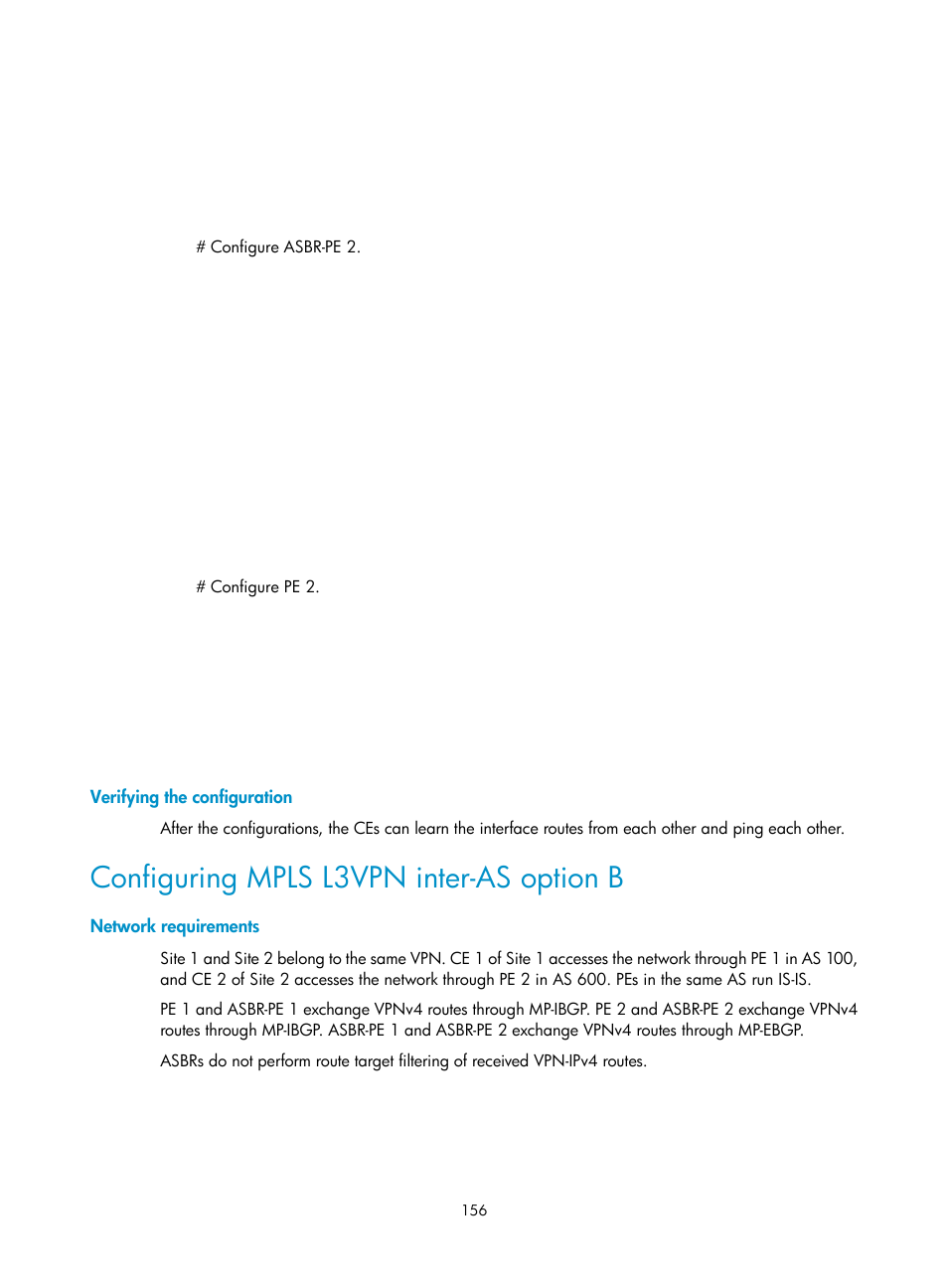 Verifying the configuration, Configuring mpls l3vpn inter-as option b, Network requirements | H3C Technologies H3C S12500-X Series Switches User Manual | Page 167 / 397