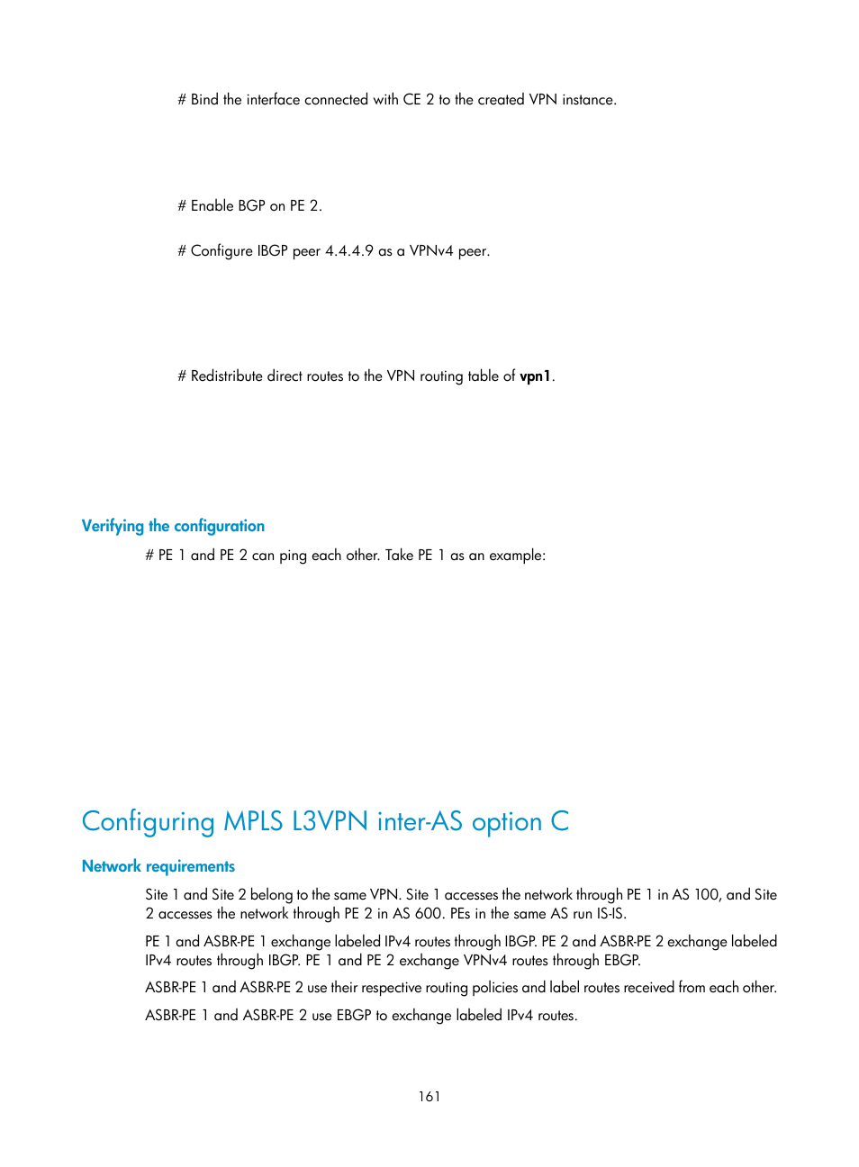 Verifying the configuration, Configuring mpls l3vpn inter-as option c, Network requirements | H3C Technologies H3C S12500-X Series Switches User Manual | Page 172 / 397