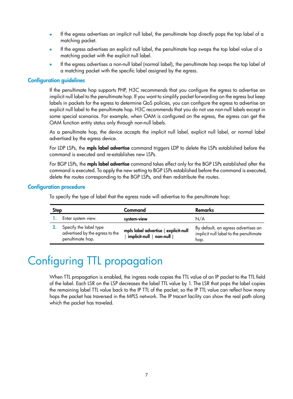 Configuration guidelines, Configuration procedure, Configuring ttl propagation | Mpls configuration task list, Enabling mpls | H3C Technologies H3C S12500-X Series Switches User Manual | Page 18 / 397