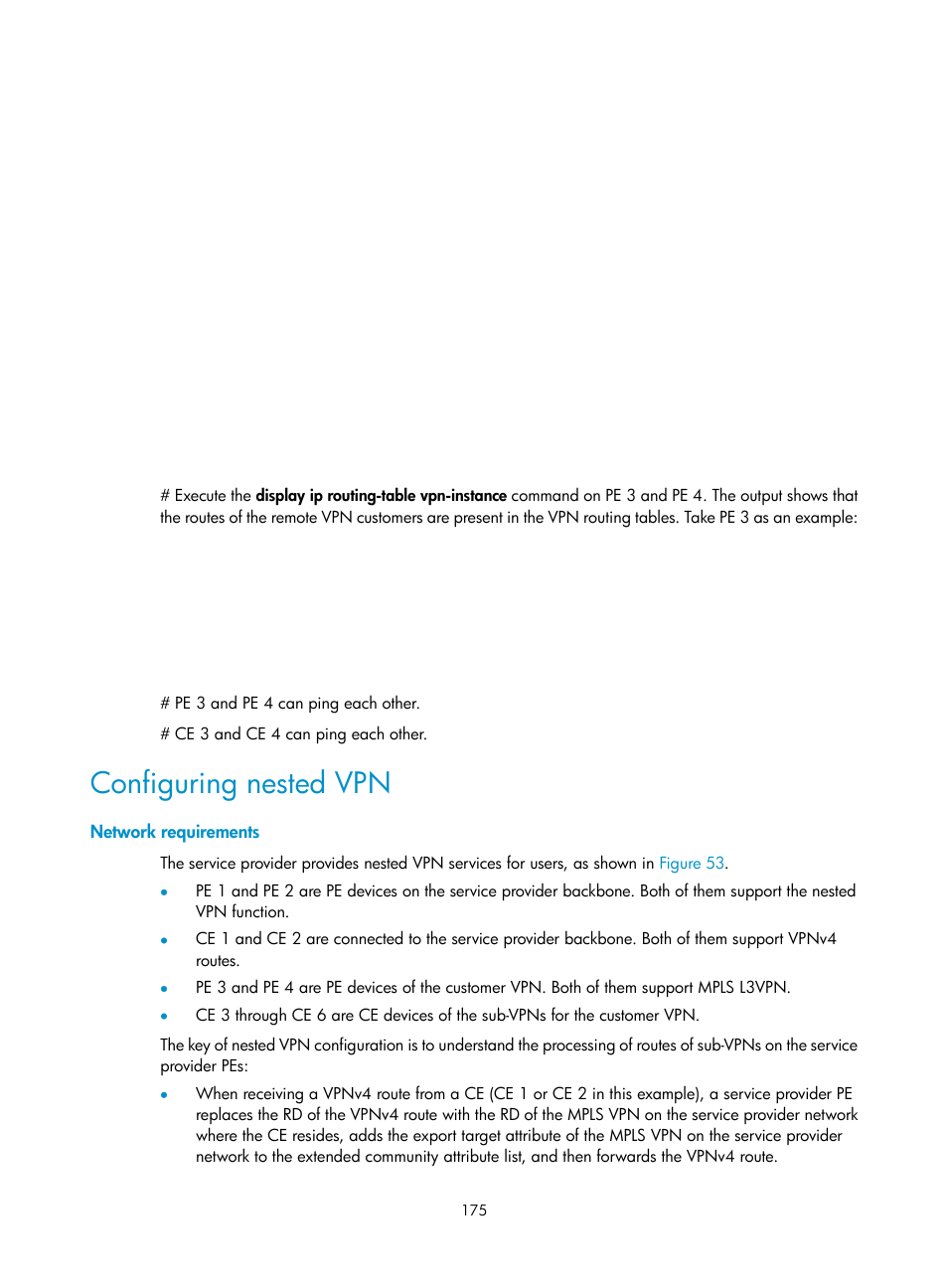 Configuring nested vpn, Network requirements, Redistributing the loopback interface route | H3C Technologies H3C S12500-X Series Switches User Manual | Page 186 / 397