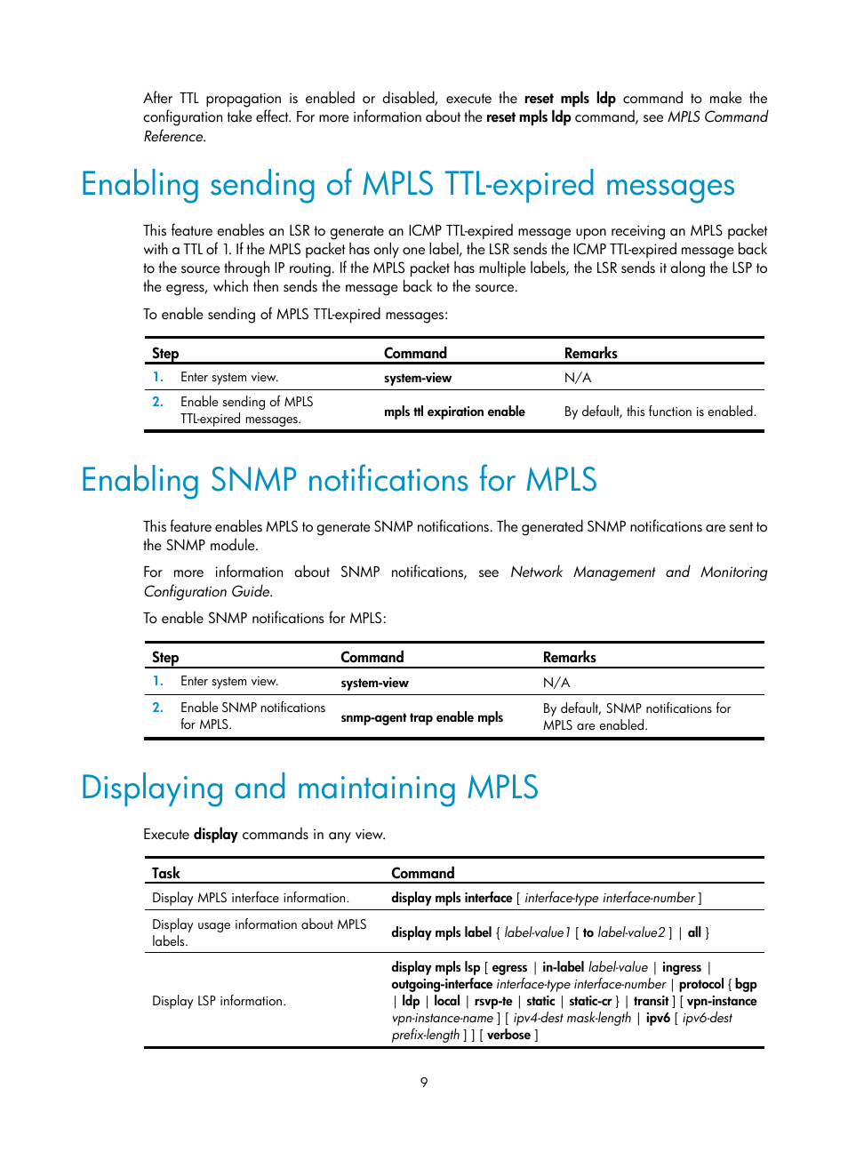 Enabling sending of mpls ttl-expired messages, Enabling snmp notifications for mpls, Displaying and maintaining mpls | Specifying the label type advertised by the egress | H3C Technologies H3C S12500-X Series Switches User Manual | Page 20 / 397