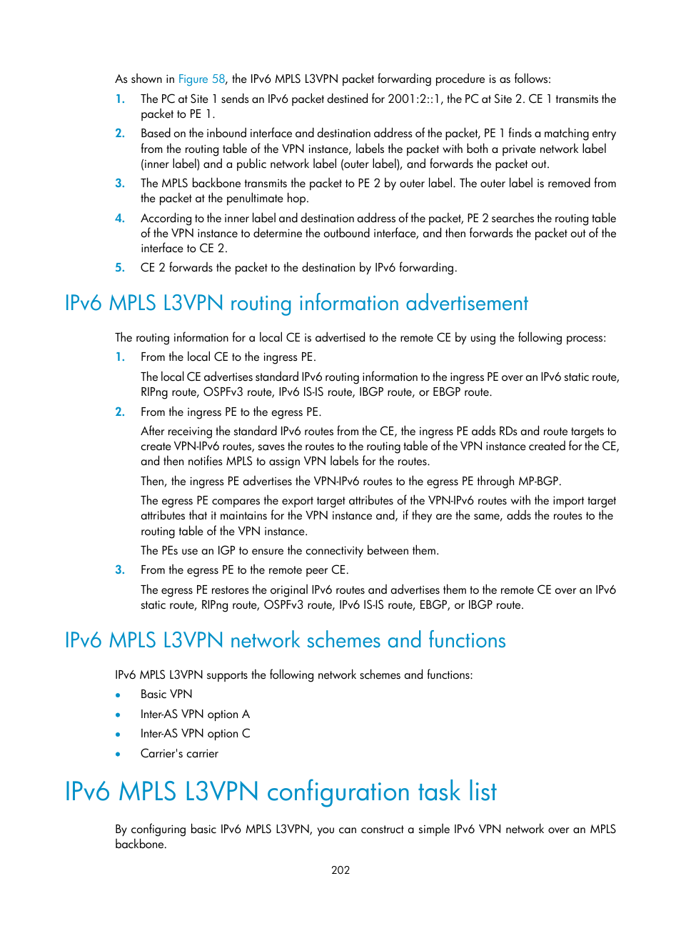 Ipv6 mpls l3vpn routing information advertisement, Ipv6 mpls l3vpn network schemes and functions, Ipv6 mpls l3vpn configuration task list | H3C Technologies H3C S12500-X Series Switches User Manual | Page 213 / 397