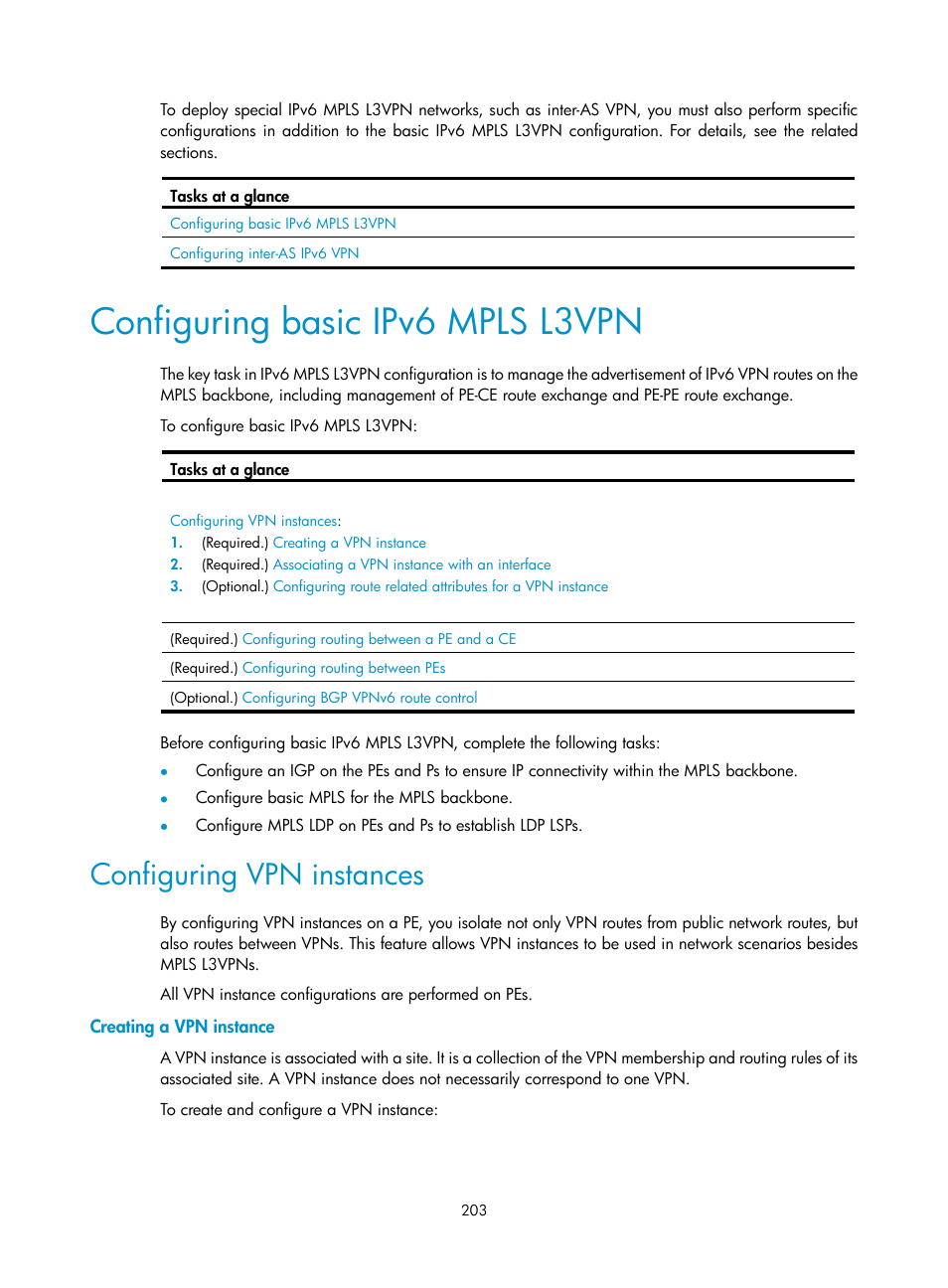 Configuring basic ipv6 mpls l3vpn, Configuring vpn instances, Creating a vpn instance | H3C Technologies H3C S12500-X Series Switches User Manual | Page 214 / 397